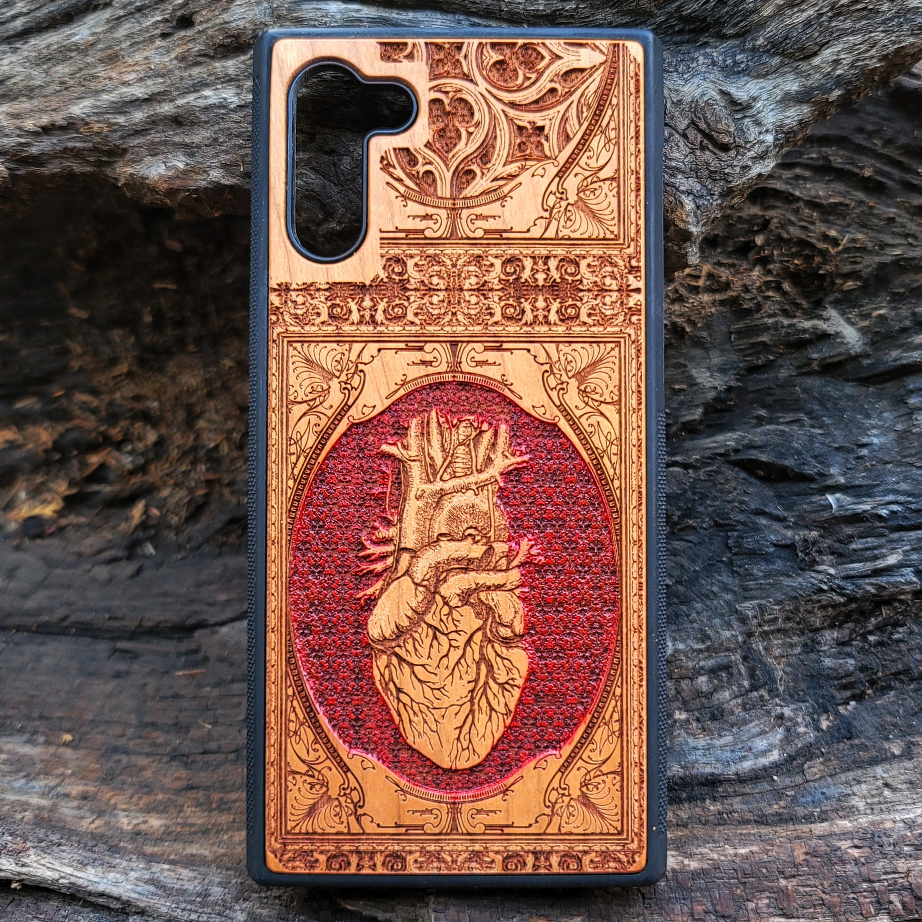 Anatomical heart gothic artwork engraved on a wooden phone case, compatible with iPhone  and Samsung Galaxy