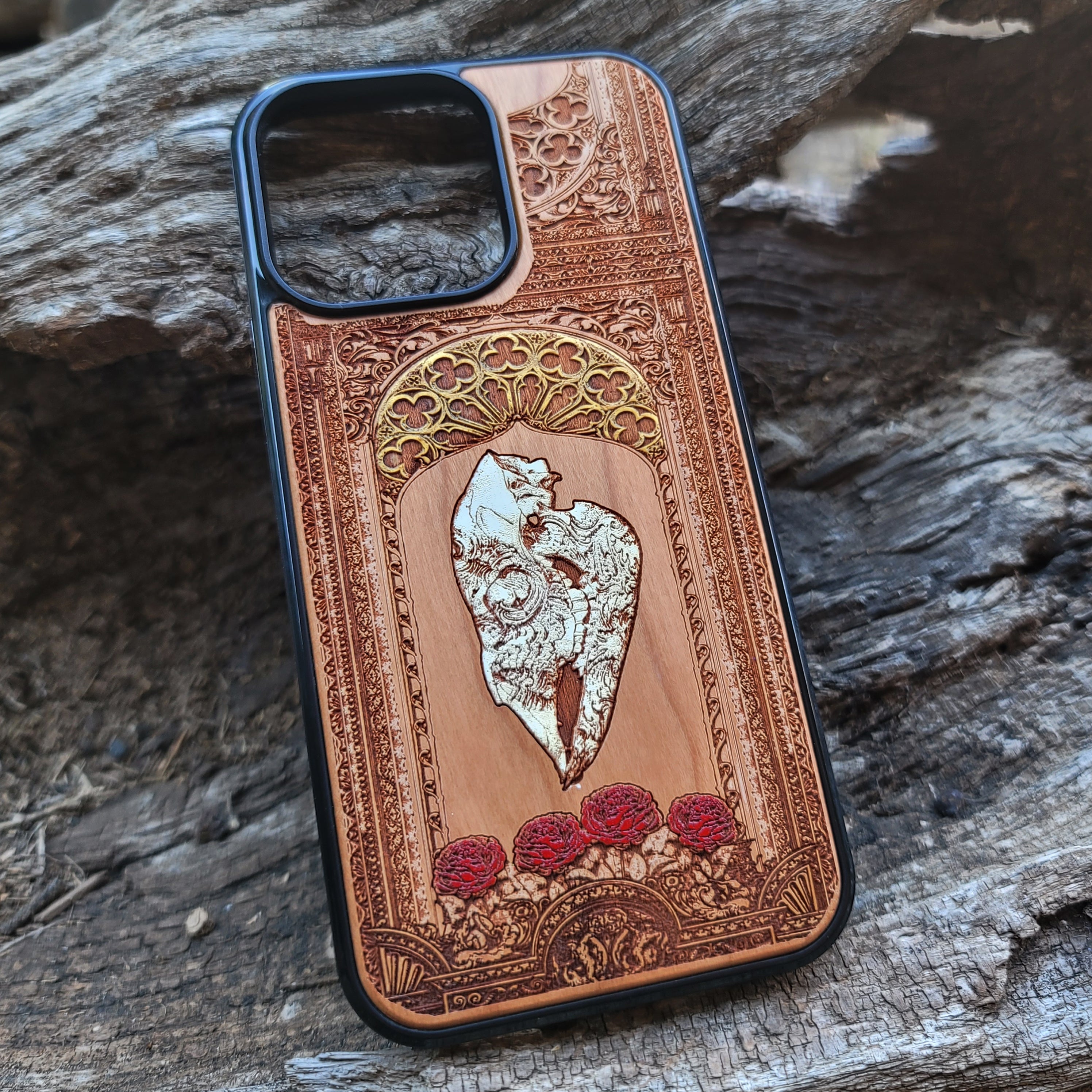 Horse skull gothic artwork engraved on a wooden phone case, compatible with iPhone and Samsung Galaxy