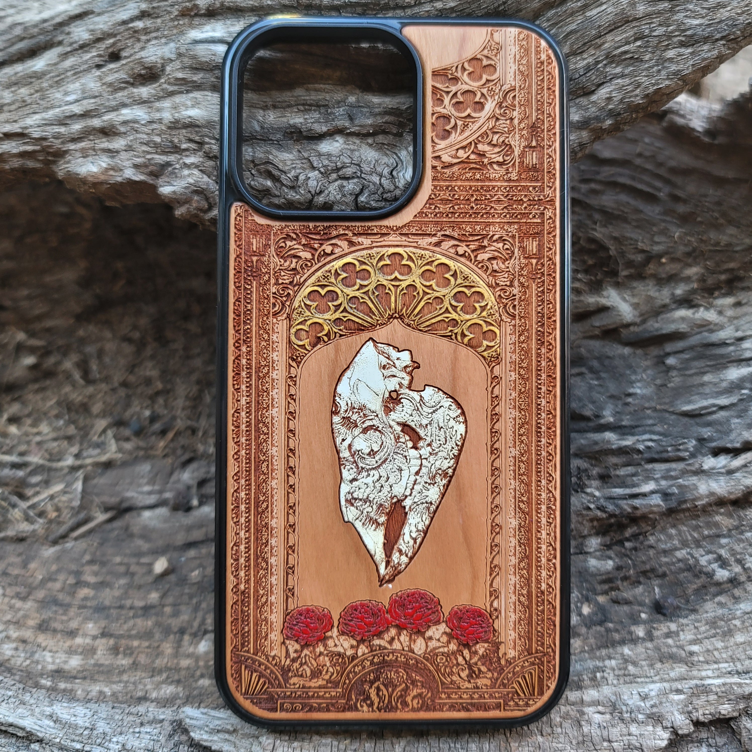 Horse skull gothic artwork engraved on a wooden phone case, compatible with iPhone and Samsung Galaxy