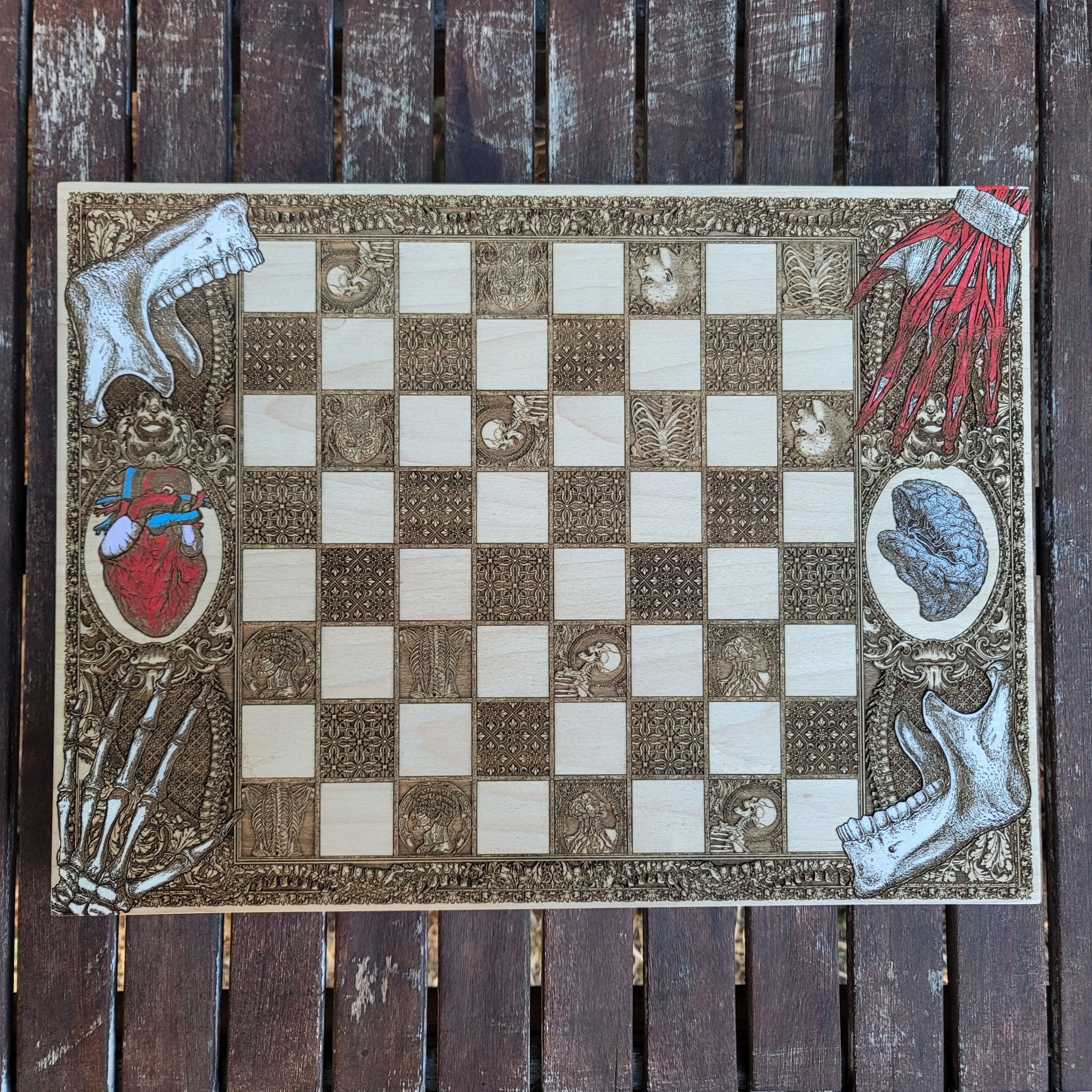 Handmade human anatomy chess board, laser engraved on wood-stained surface, perfect for 5-year anniversary gifts.