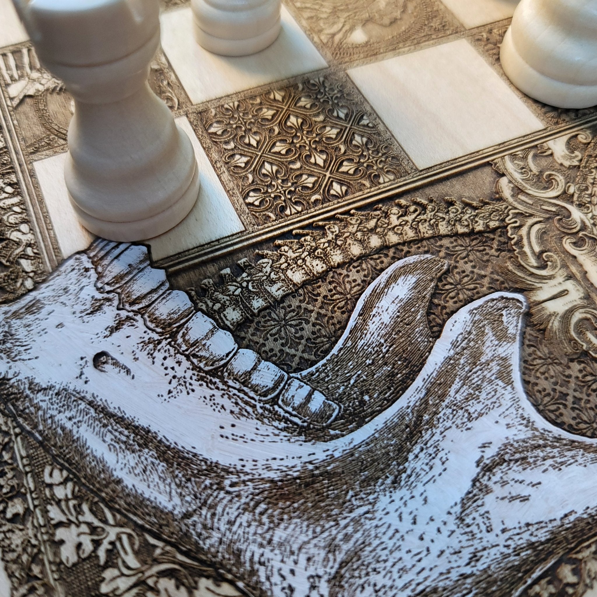 Wood-stained human anatomy chess set, ideal for doctors, medical students, and collectors.