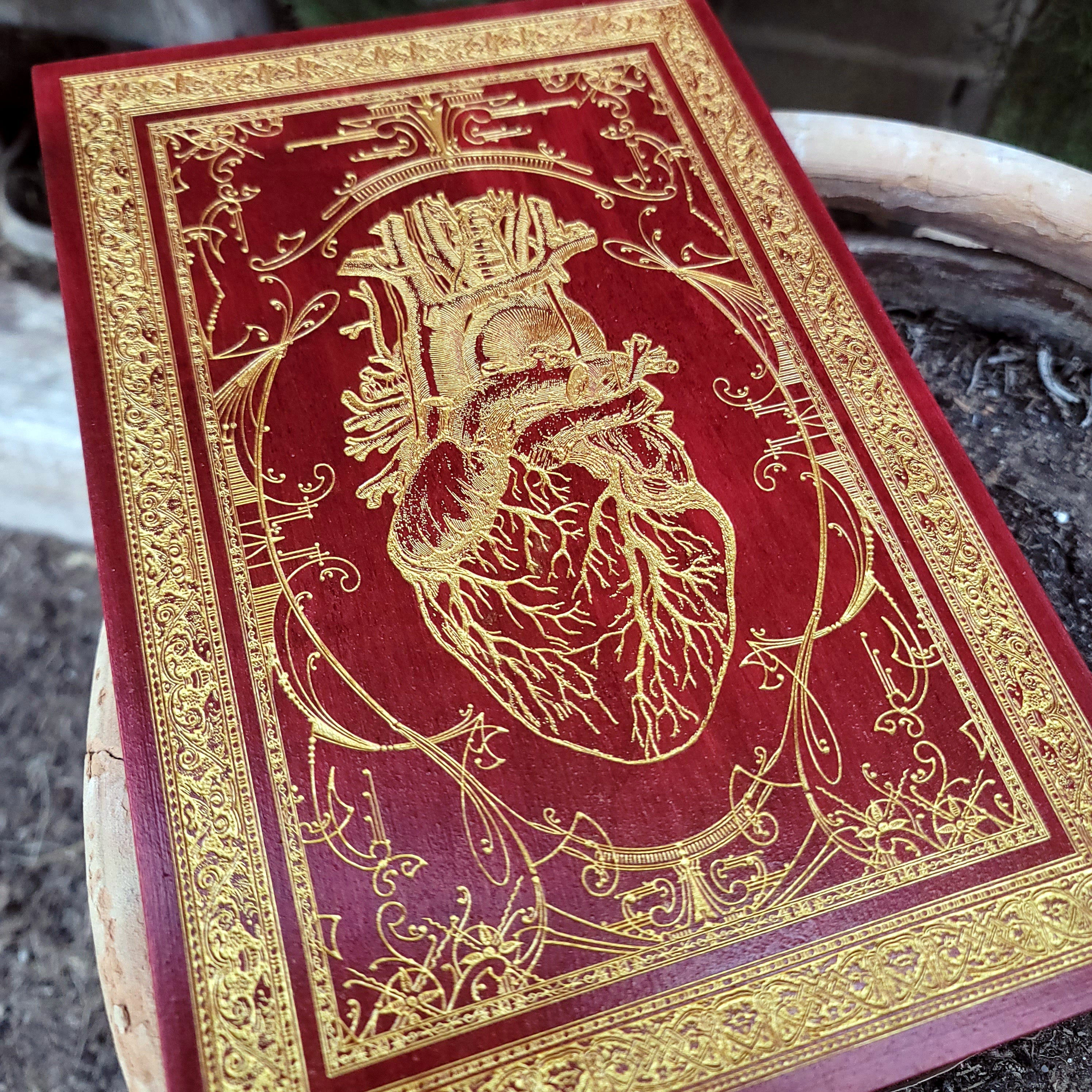Engraved anatomical heart on wood in deep red tones, science-inspired wall art.