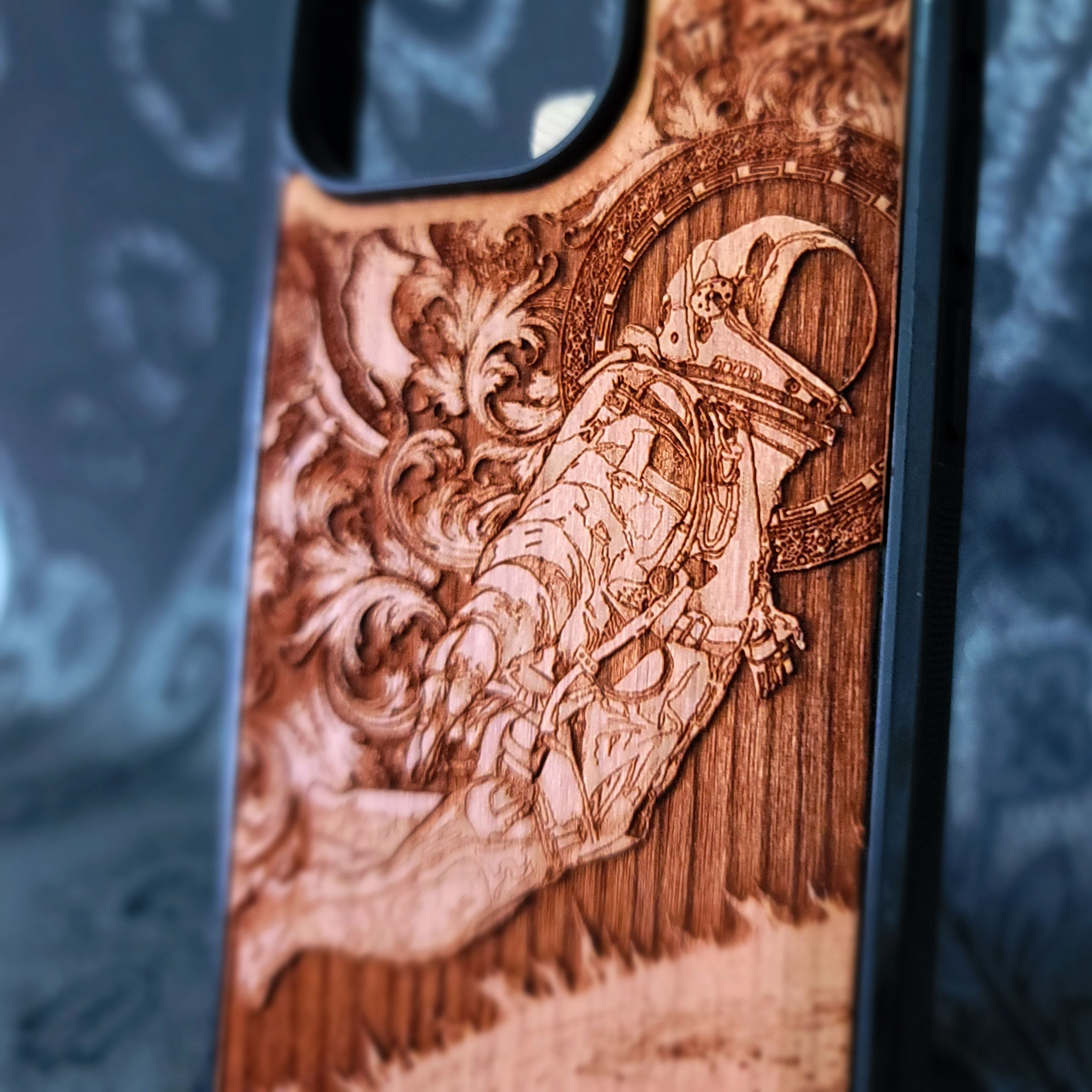astronaut wood phone case compatible with iPhone and Samsung Galaxy, featuring cosmic space art design.