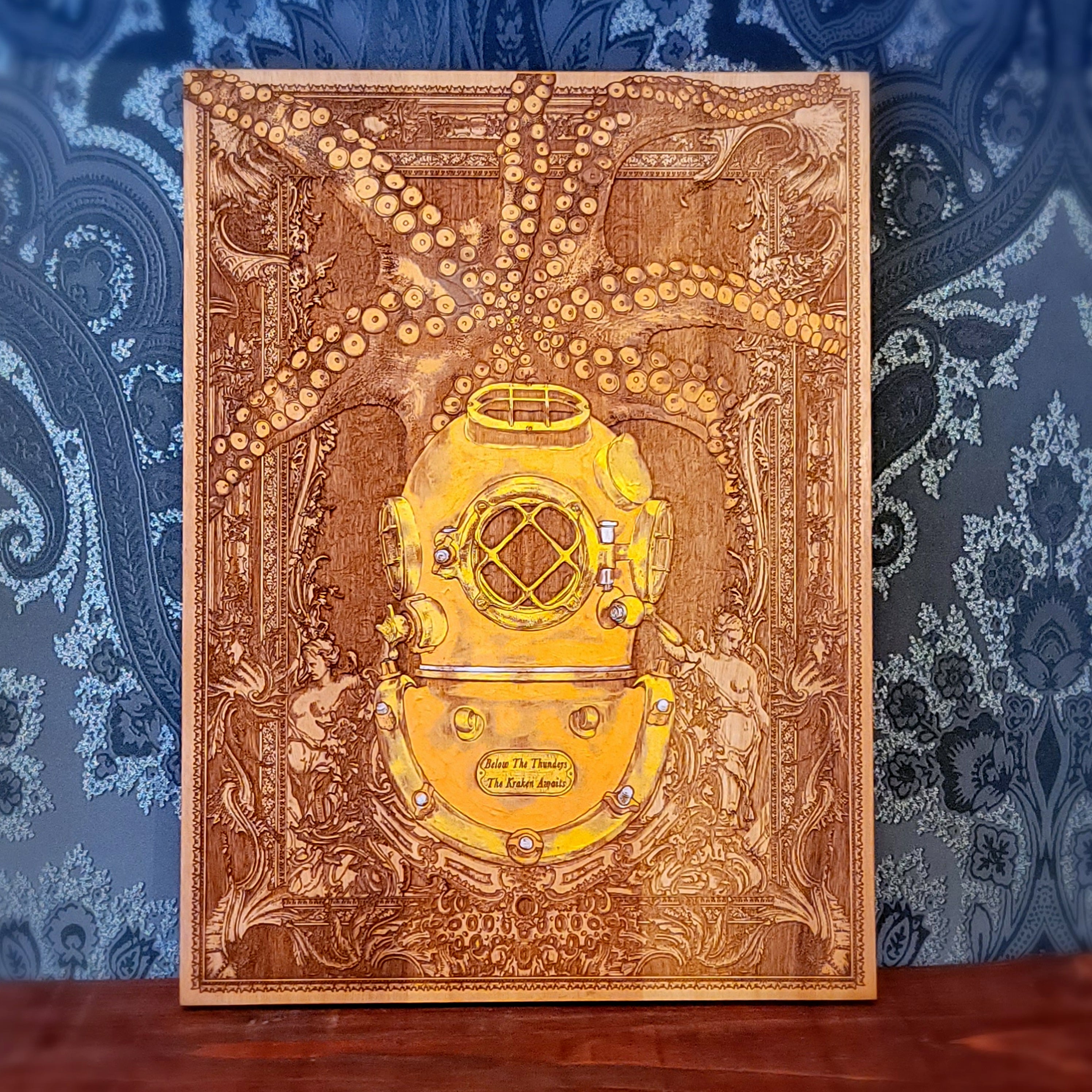 kraken deep sea diver hand painted and laser engraved on wood