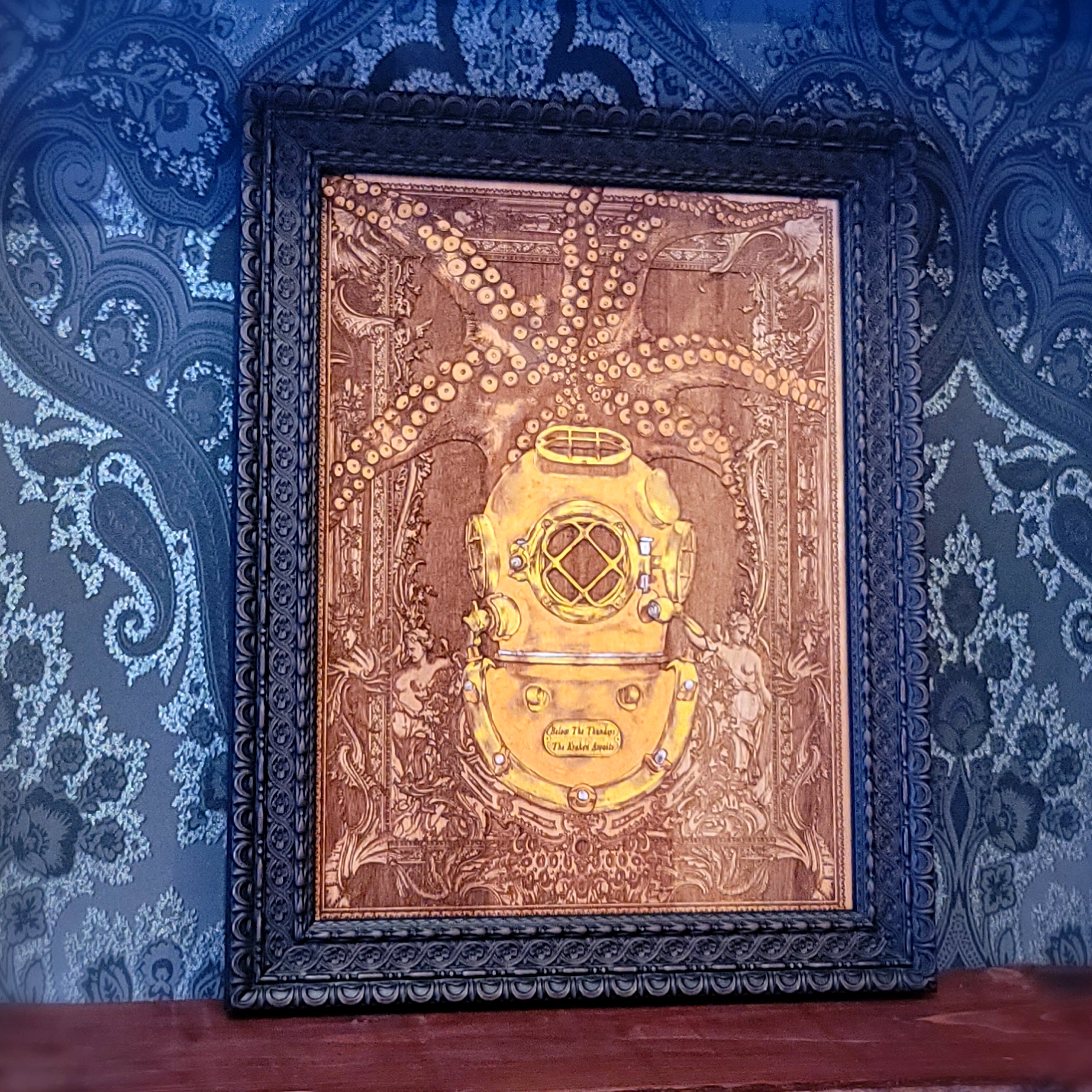 framed kraken deep sea diver hand painted and laser engraved on wood
