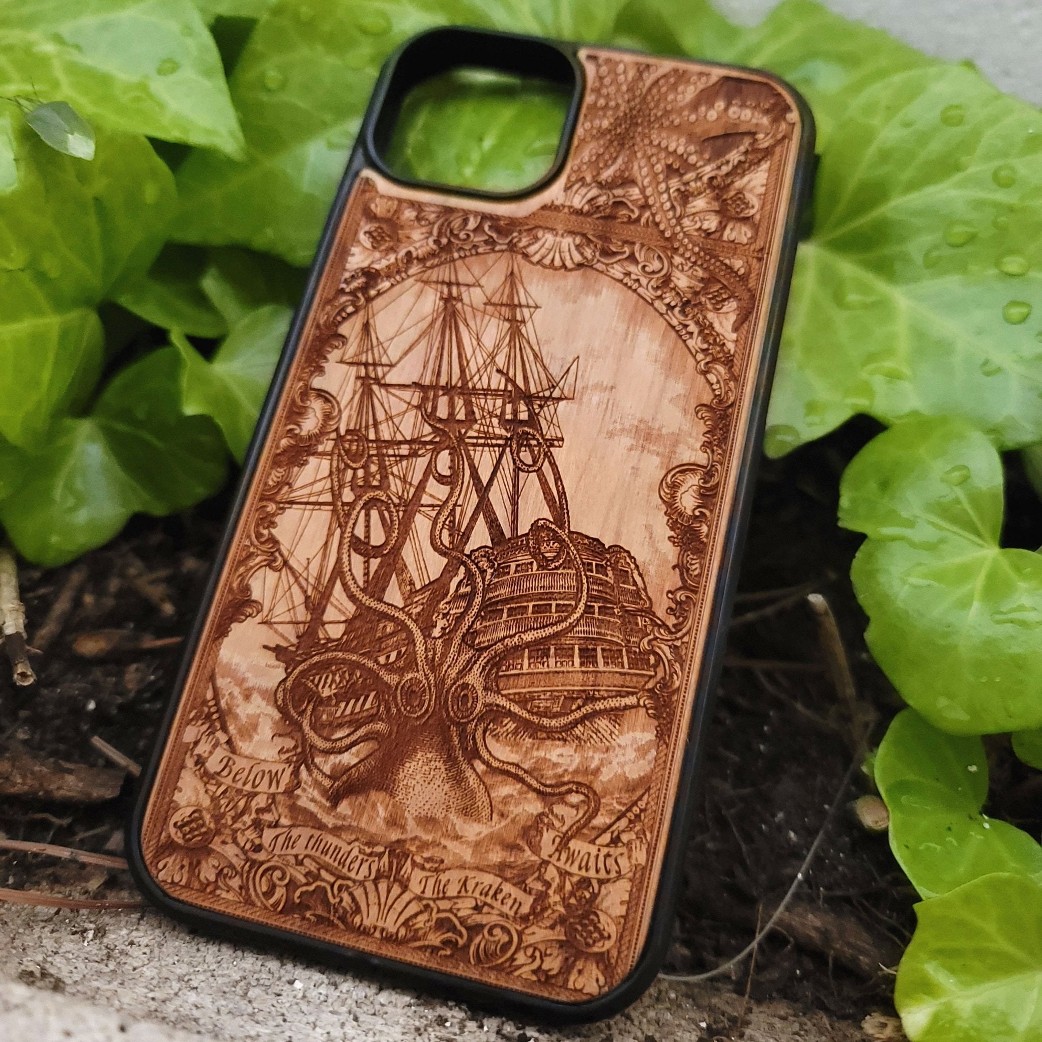 Wood phone case engraved with Kraken sea monster eating a ship, fits iPhone –11 and Samsung Galaxy S–S20