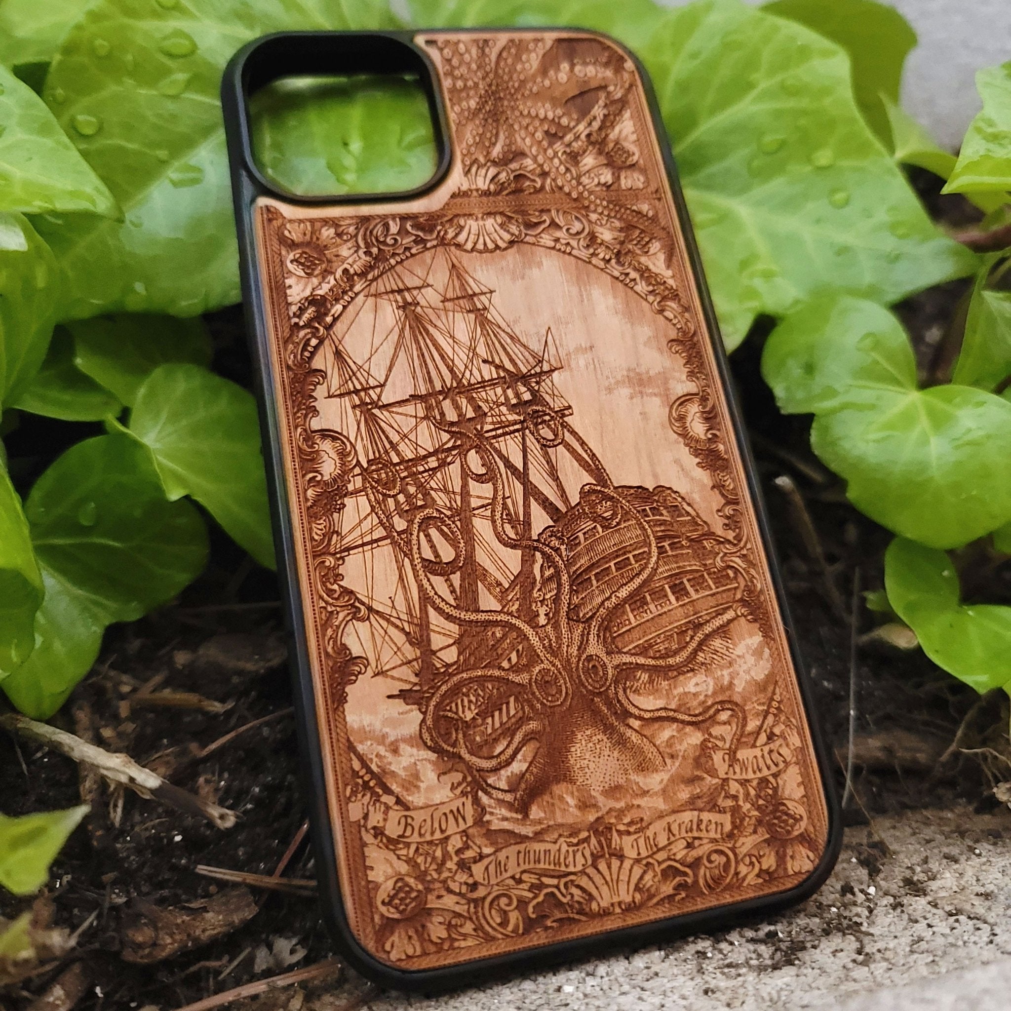 Wood phone case engraved with Kraken sea monster eating a ship, fits iPhone –11 and Samsung Galaxy S–S20