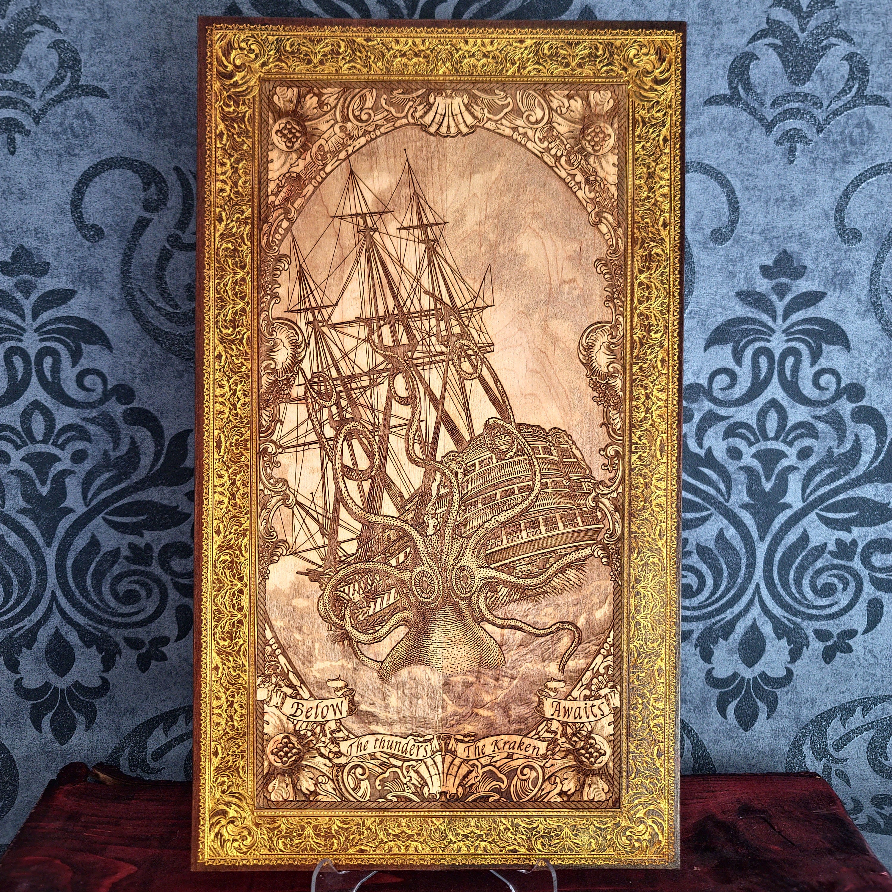 Engraved woodcut wall art of Kraken sea monster attacking sailing boat, nautical maritime décor