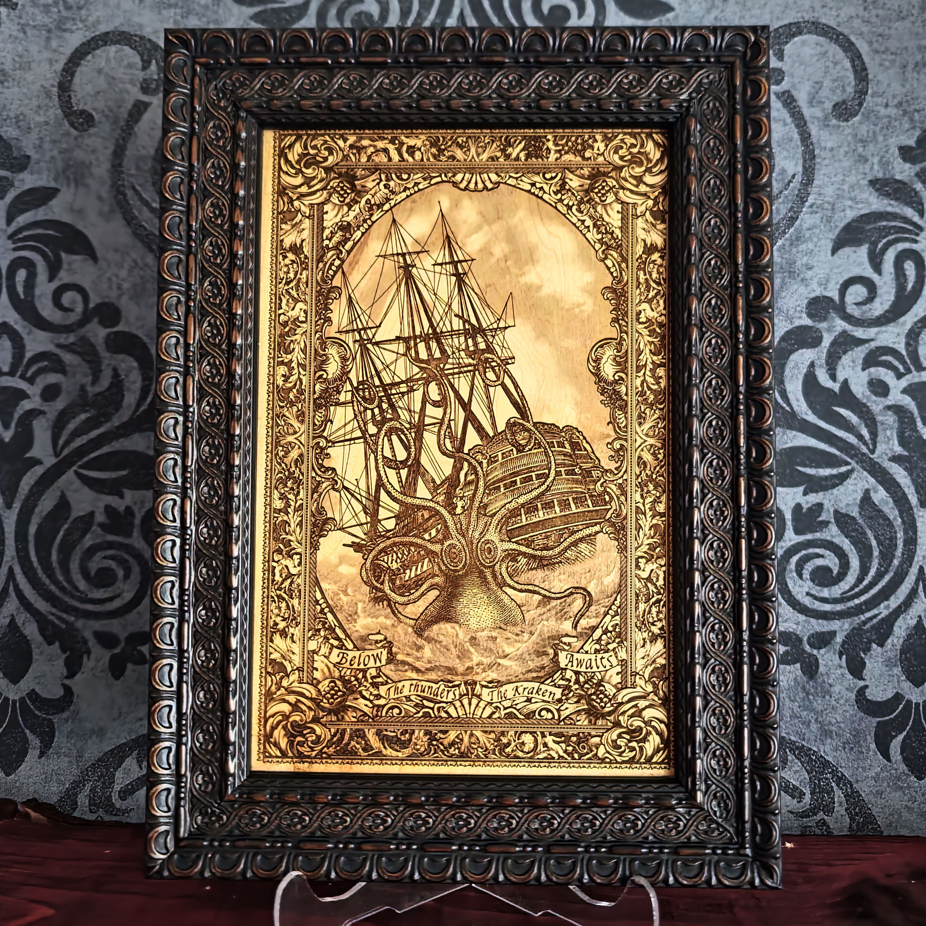 Mythical Kraken-inspired wood wall art featuring an intricately engraved sea monster ship attack. Perfect for lovers of nautical folklore, pirates, and dramatic ocean legends.