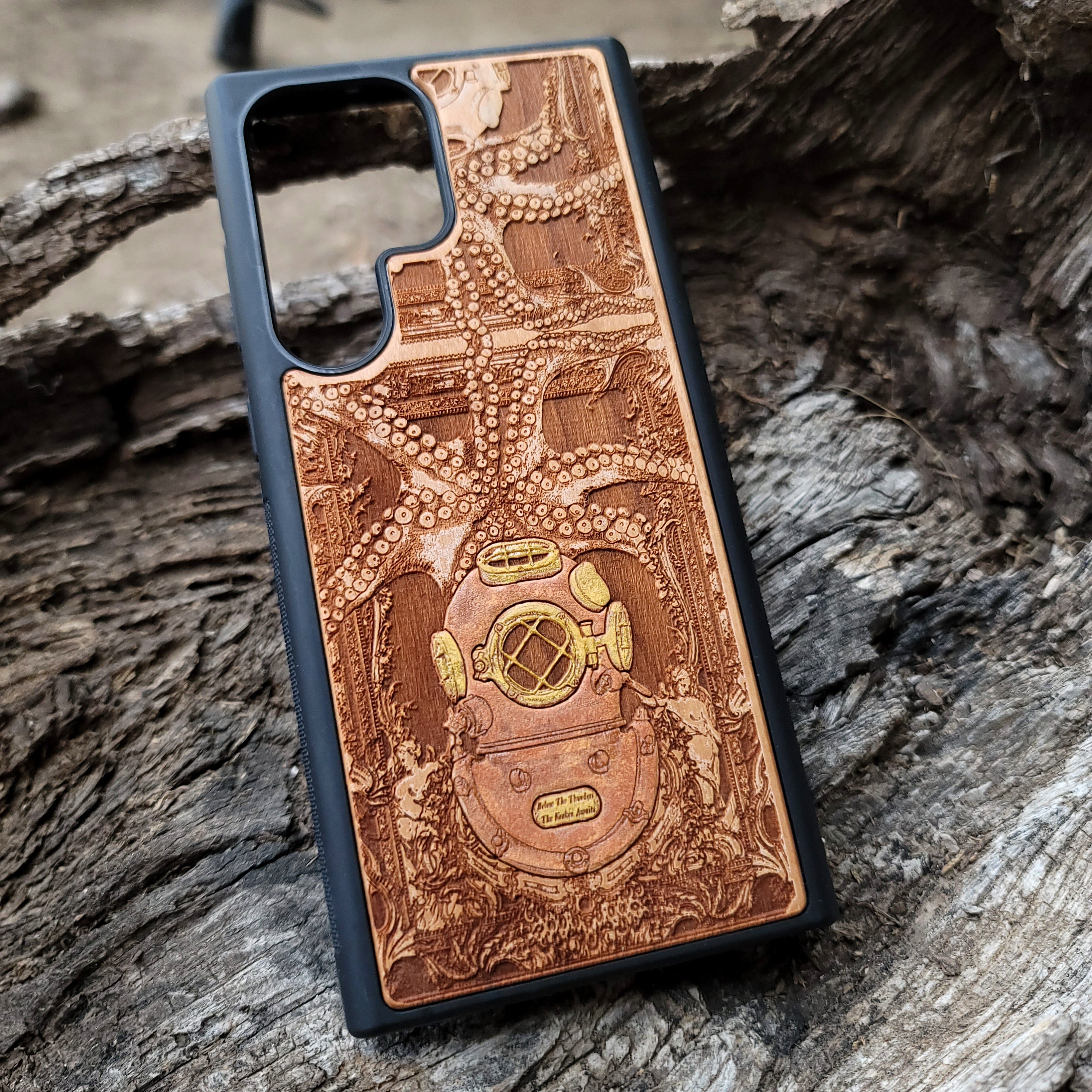 Kraken-inspired gothic artwork engraved on a wooden phone case, compatible with iPhone  and Samsung Galaxy