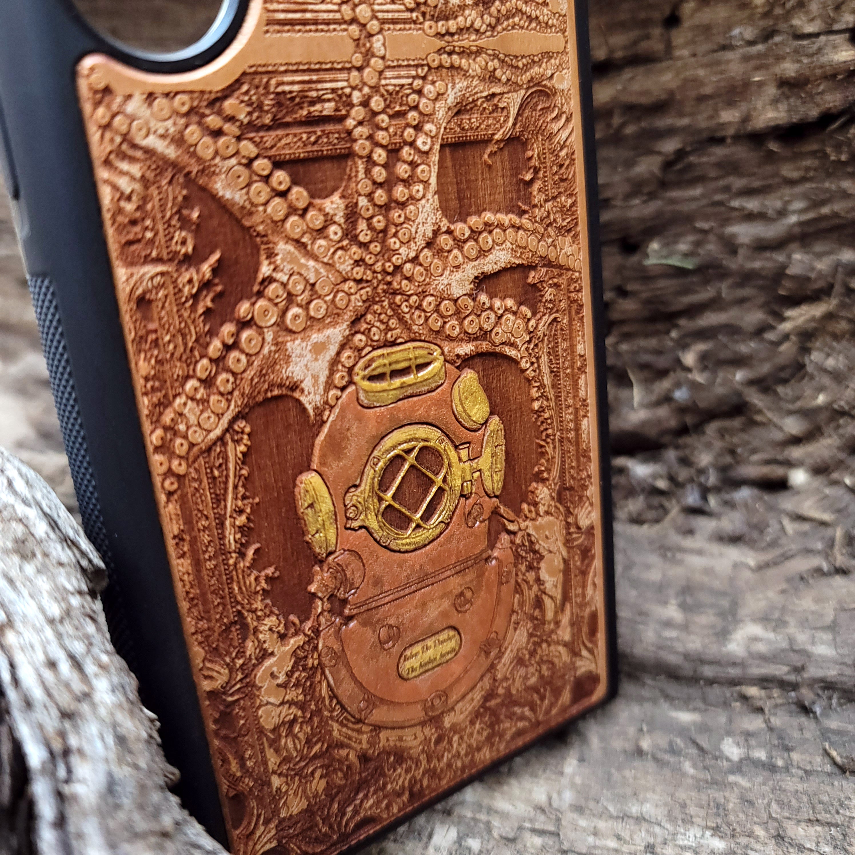 Kraken-inspired gothic artwork engraved on a wooden phone case, compatible with iPhone  and Samsung Galaxy