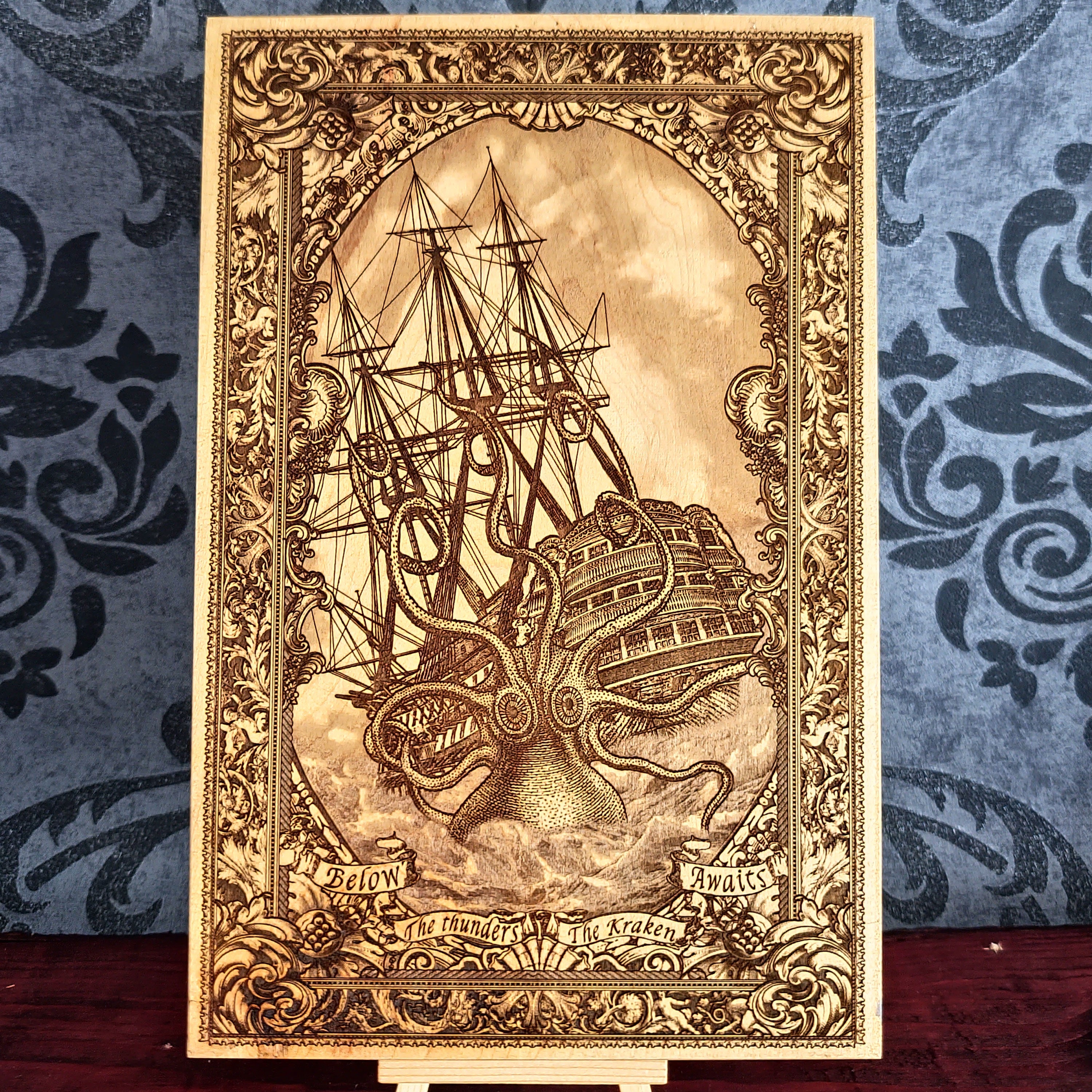Kraken sea monster wood wall art, nautical woodcut engraving