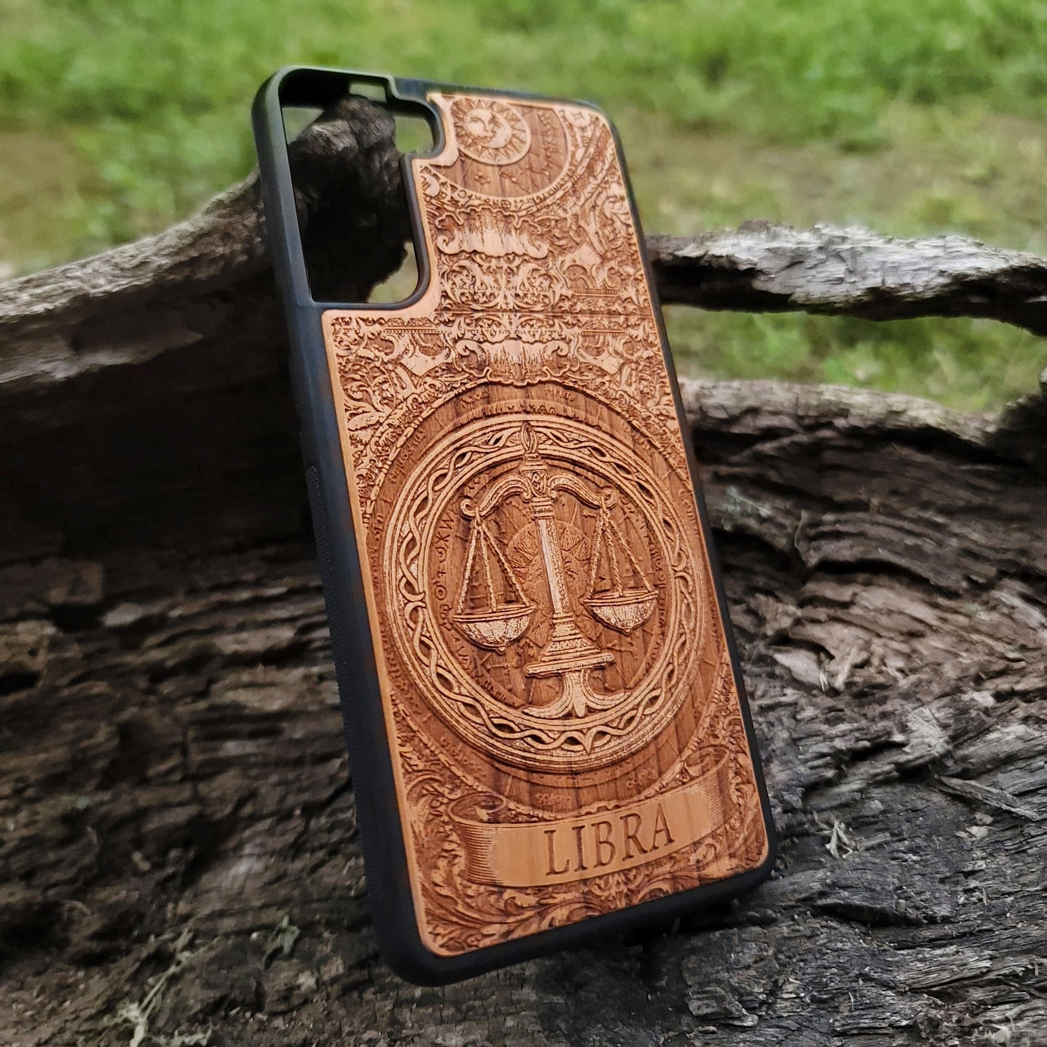 Custom zodiac wood case with Libra constellation engraving