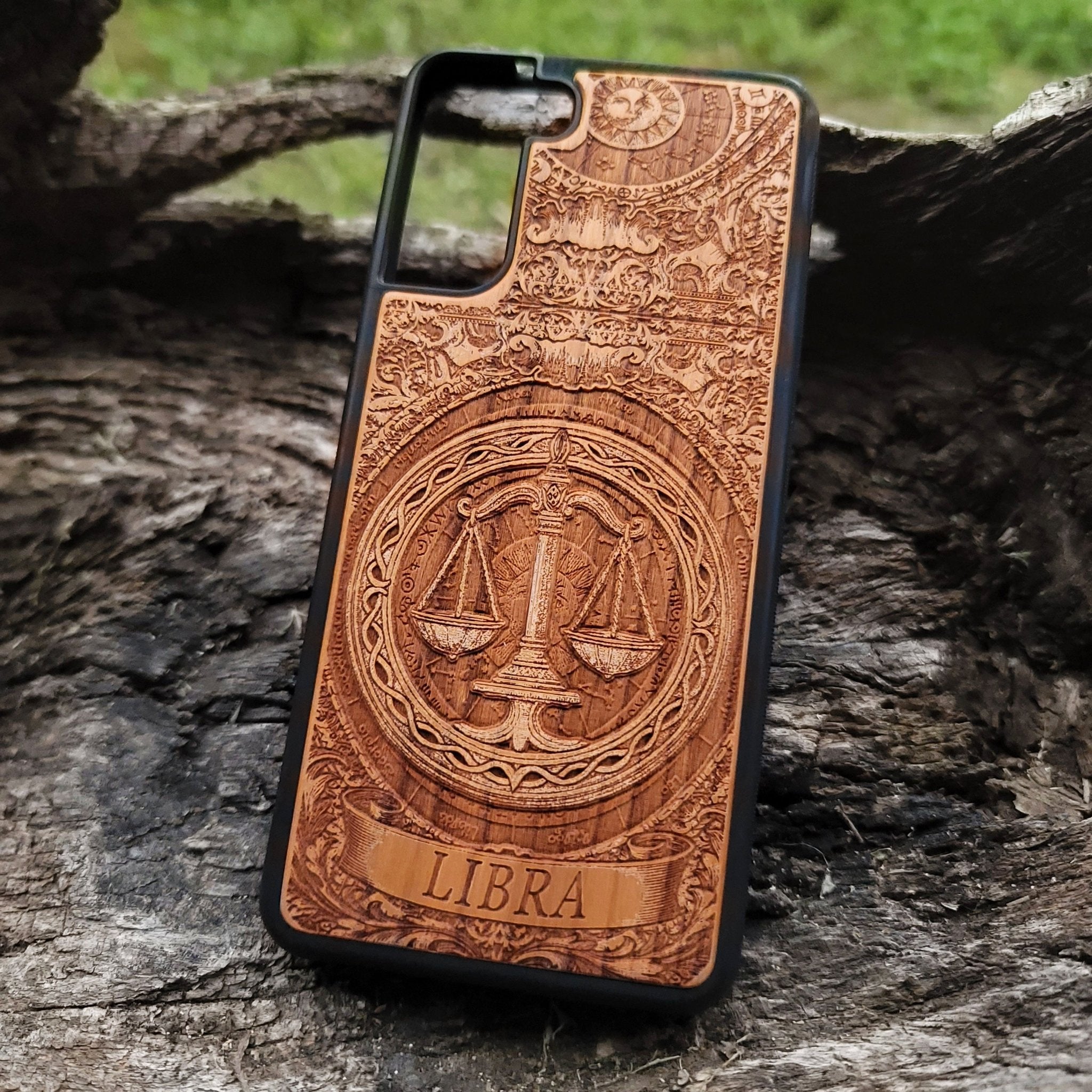 Handmade Libra horoscope phone case in natural wood