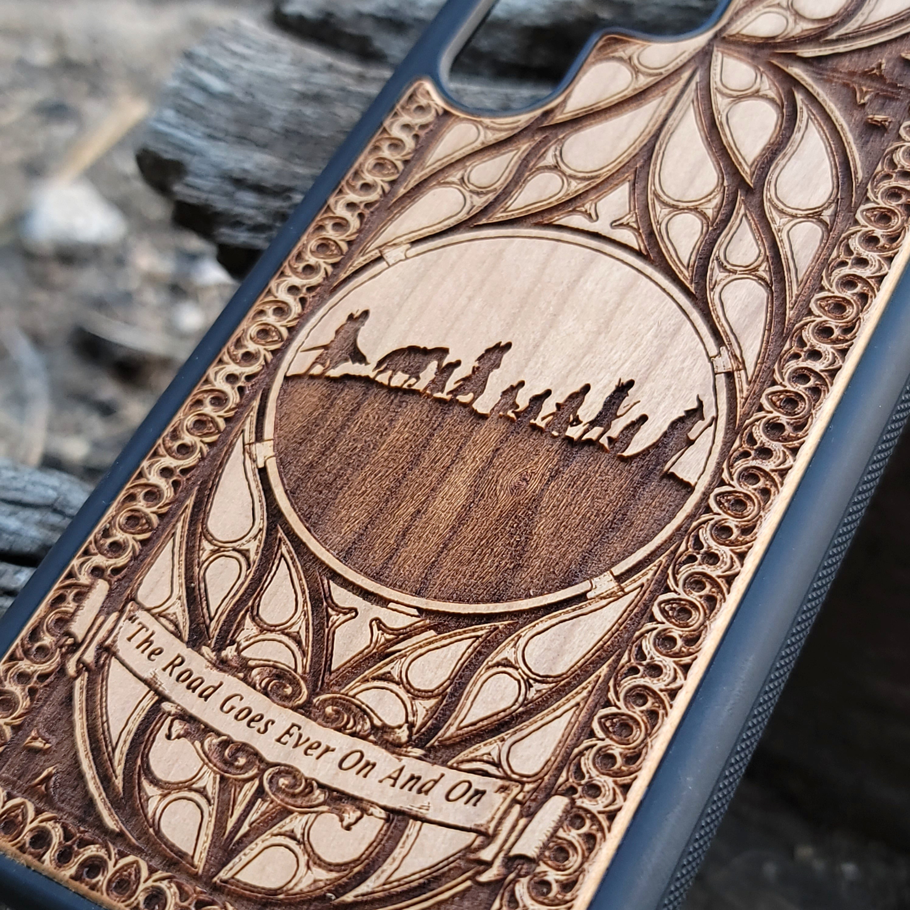 Handcrafted wood phone case with Lord of the Rings custom symbol design