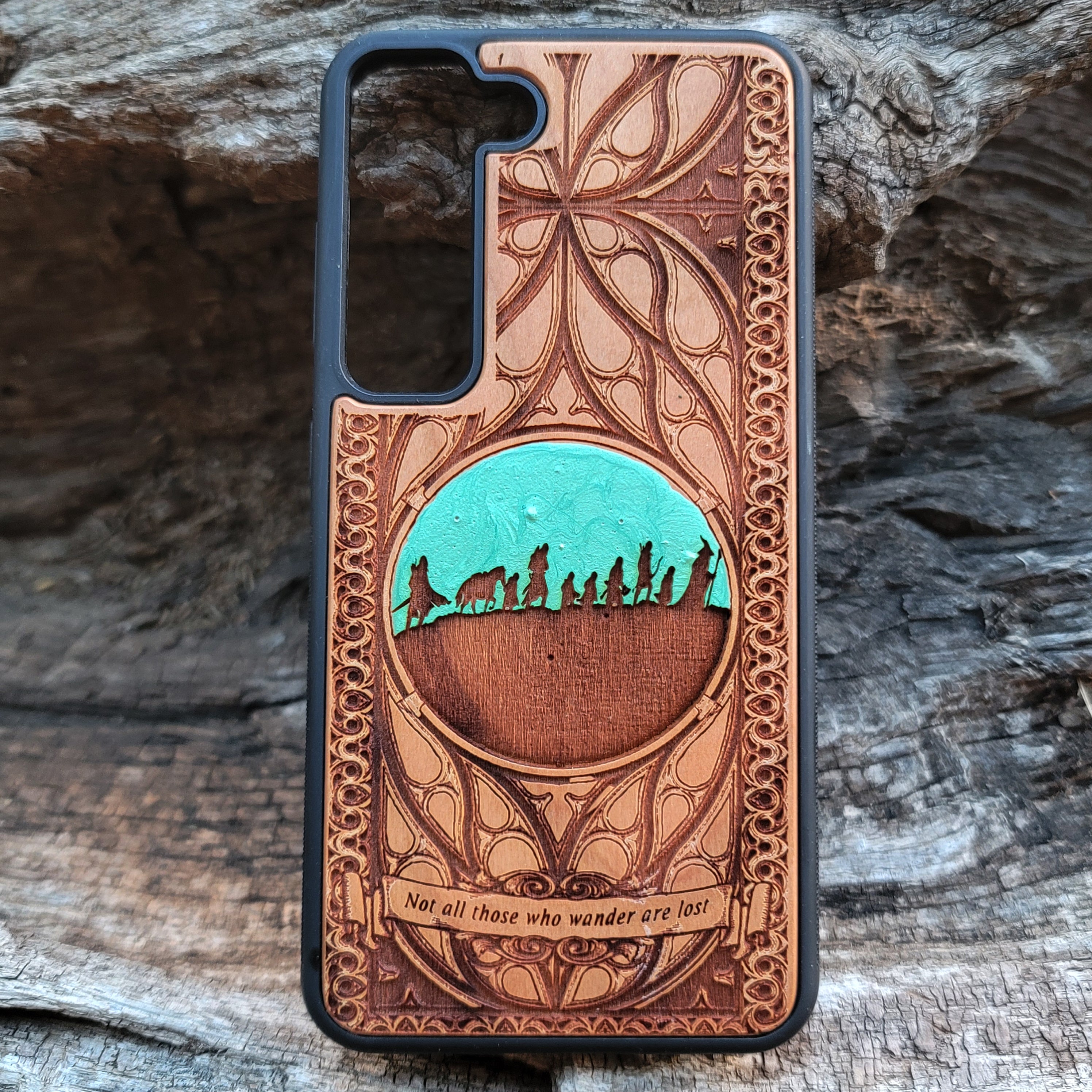 Lord of the Rings Fellowship wood phone case featuring laser-engraved design of the Fellowship of the Ring. Compatible with iPhone , 15, 14, 13, 12, 11 Pro Max Mini, and Samsung Galaxy S, S24, S23, S22, S21, S20 Ultra Plus, Note 20. Unique, stylish, and protective for fans of Middle-Earth.