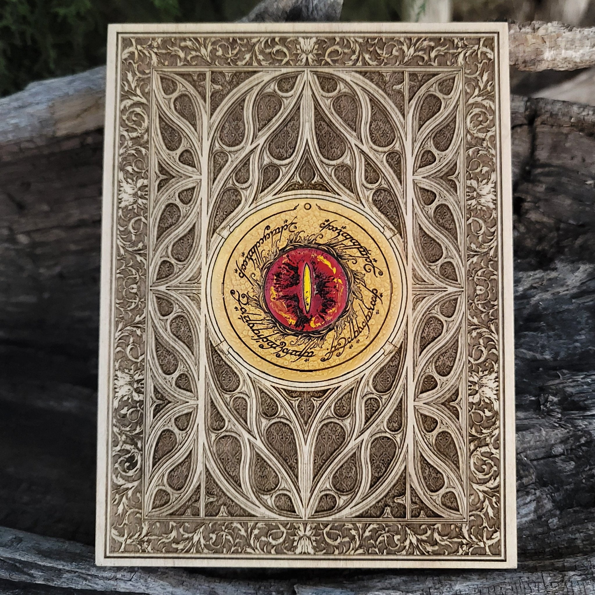 Gothic Lord of the Rings wood wall art with the Eye of Sauron centerpiece.