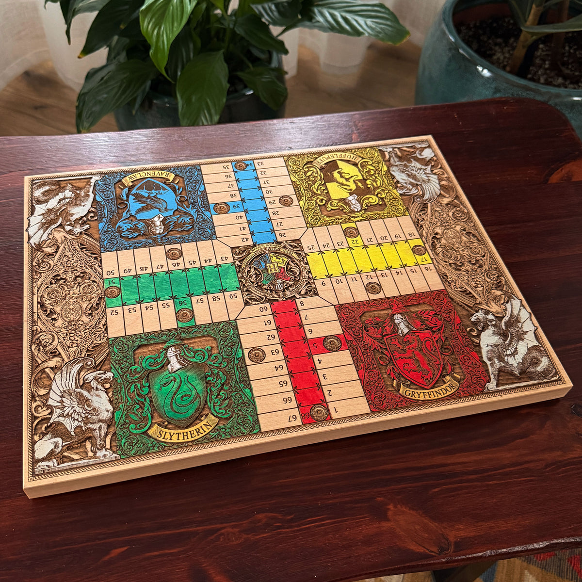 Harry Potter Hogwarts Houses Wooden Parcheesi Board