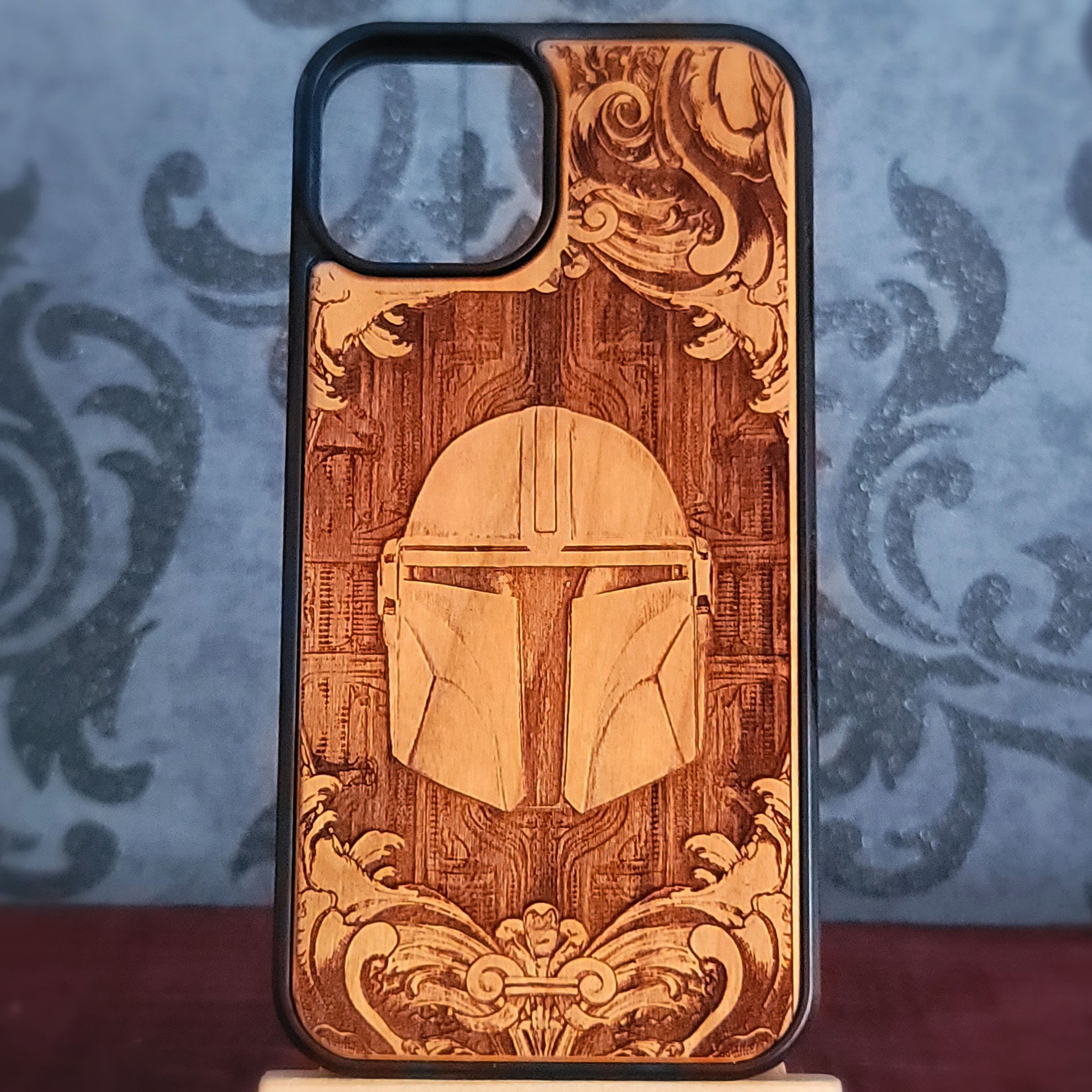 Mandalorian helmet wood phone case, hand-painted and laser engraved design