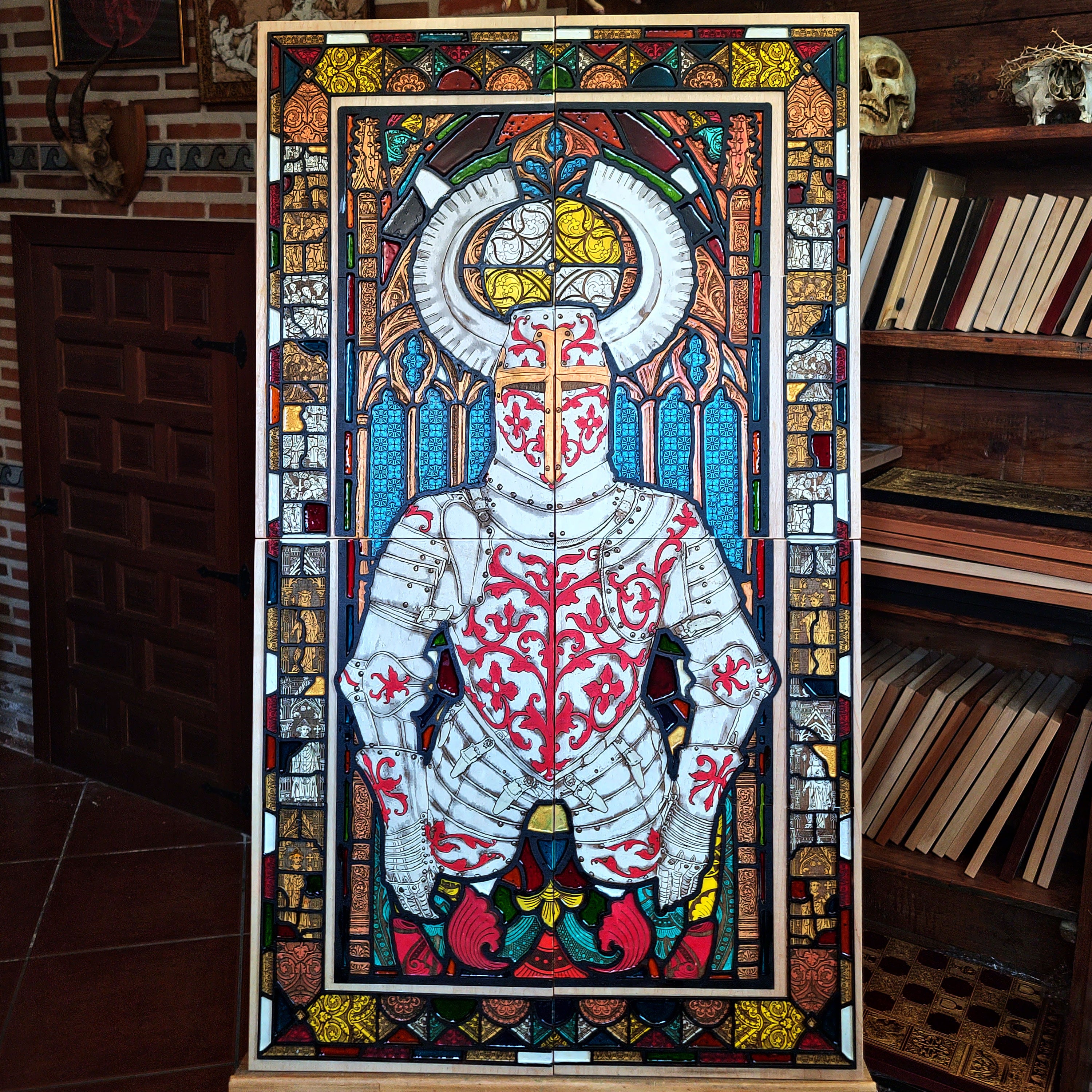 Sacred Armor medieval knight wall art made from four laser engraved and hand painted maple wood panels with cherry wood details and colorful vitreous paint, inspired by Gothic stained glass.