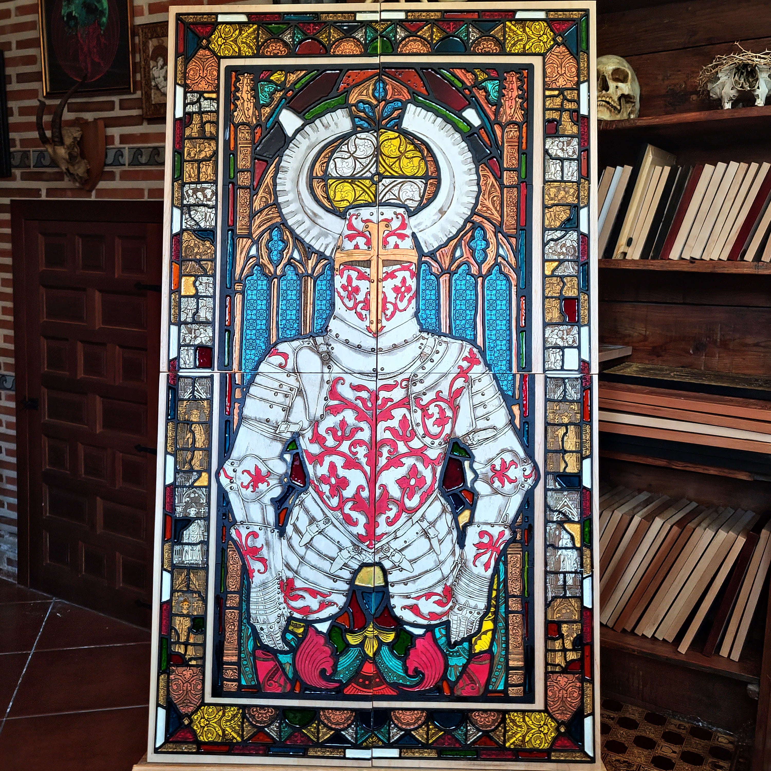 Sacred Armor medieval knight wall art made from four laser engraved and hand painted maple wood panels with cherry wood details and colorful vitreous paint, inspired by Gothic stained glass.