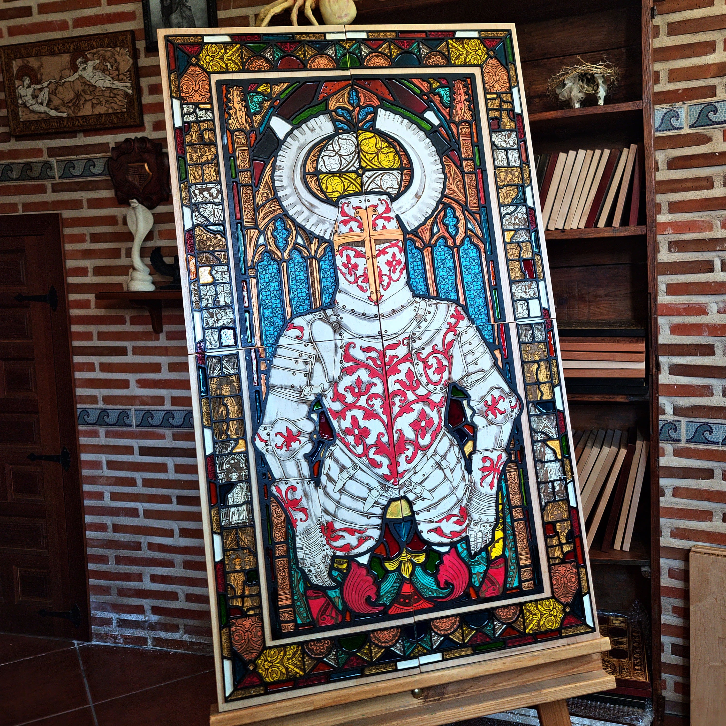 Sacred Armor medieval knight wall art made from four laser engraved and hand painted maple wood panels with cherry wood details and colorful vitreous paint, inspired by Gothic stained glass.