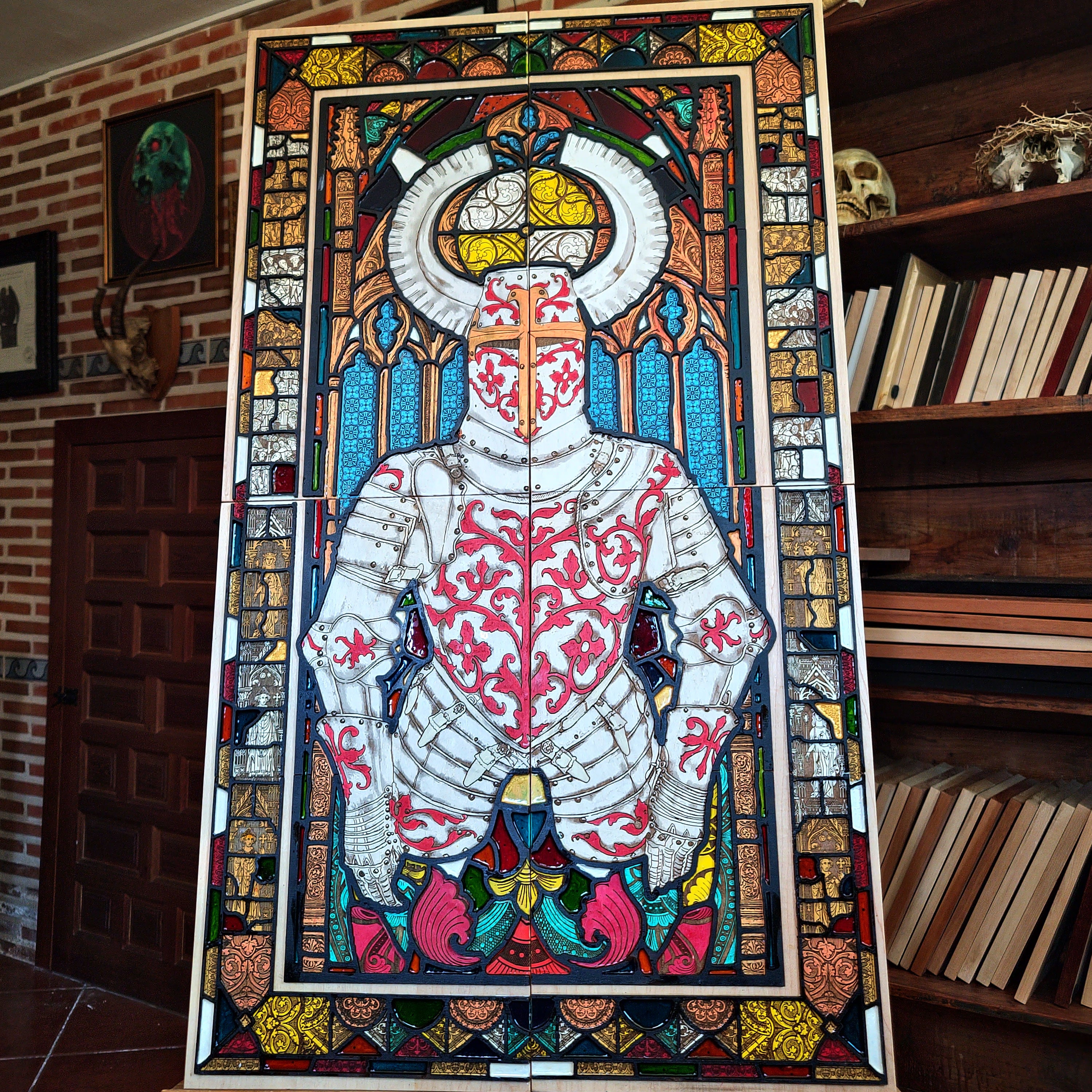 Sacred Armor medieval knight wall art made from four laser engraved and hand painted maple wood panels with cherry wood details and colorful vitreous paint, inspired by Gothic stained glass.