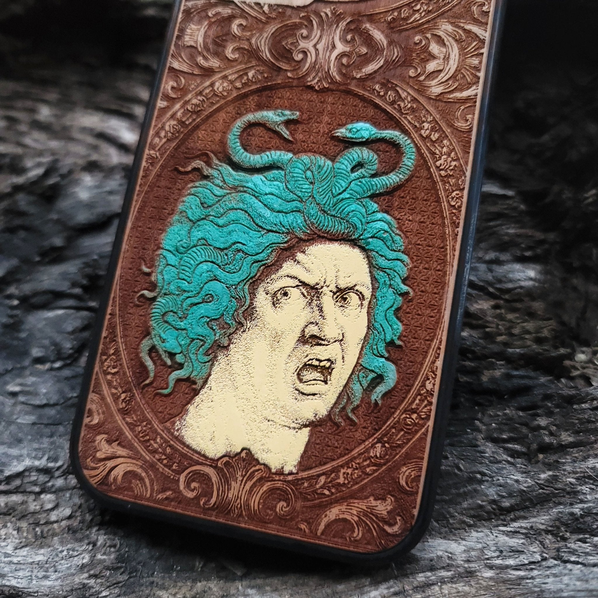 Vibrant snake hair Medusa phone case iPhone  wood art