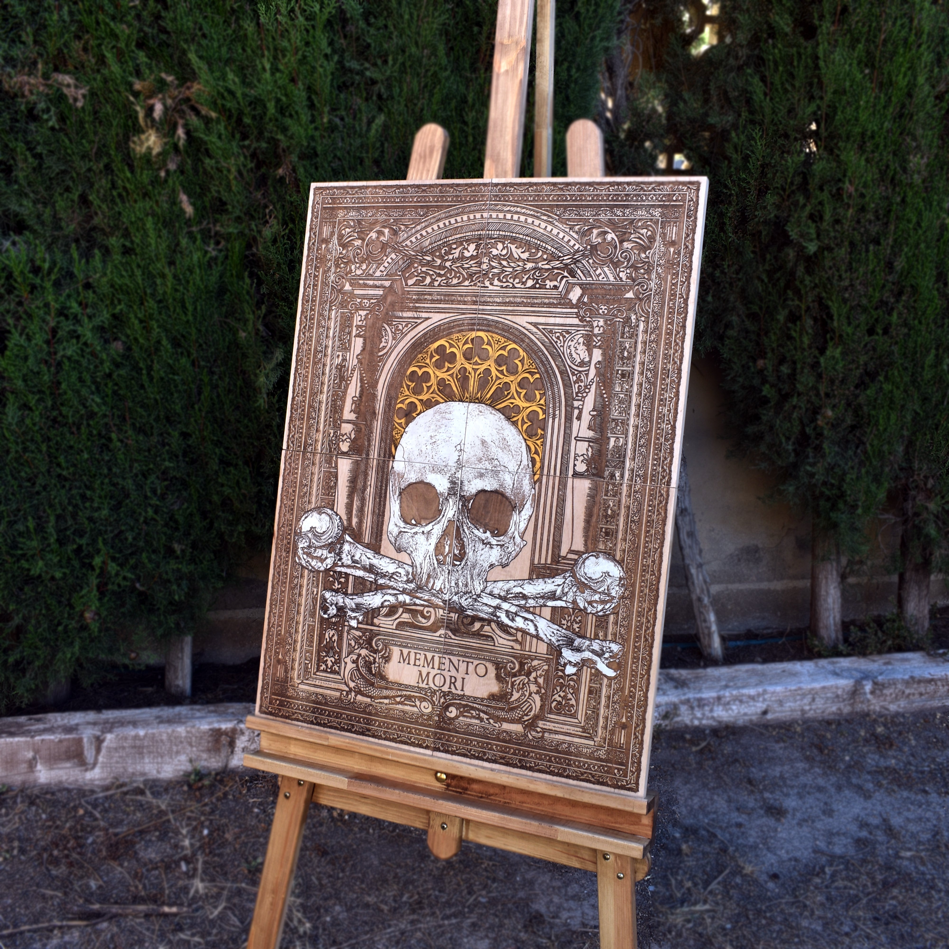 Dark-themed engraved wood panel featuring detailed skull art, ideal for gothic, Victorian, and alternative home decor setups.