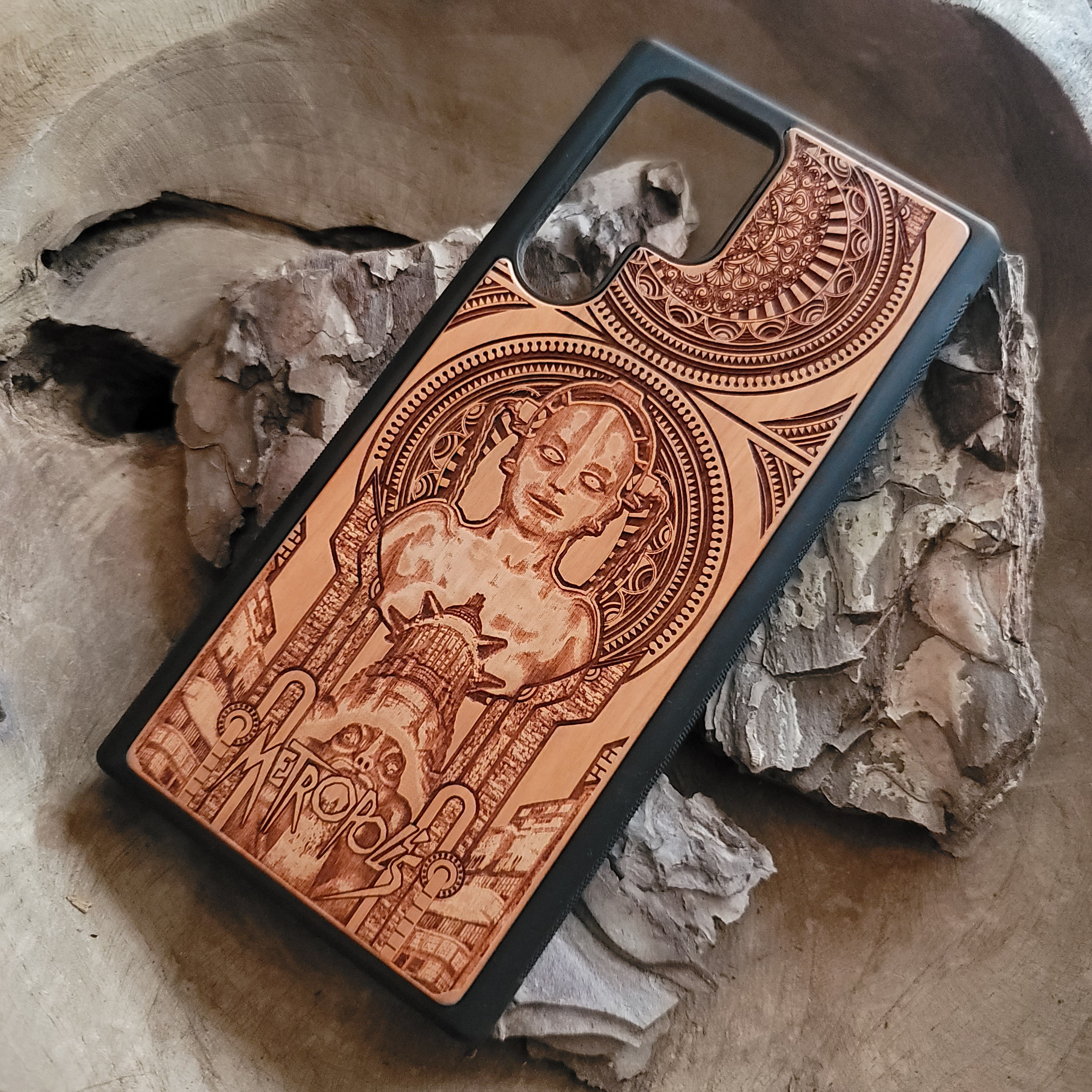 Metropolis wooden phone case with intricate Art Deco design, laser-engraved for iPhone , iPhone 15, Galaxy S, Note 20, and more. A unique accessory for fans of classic films and vintage style.