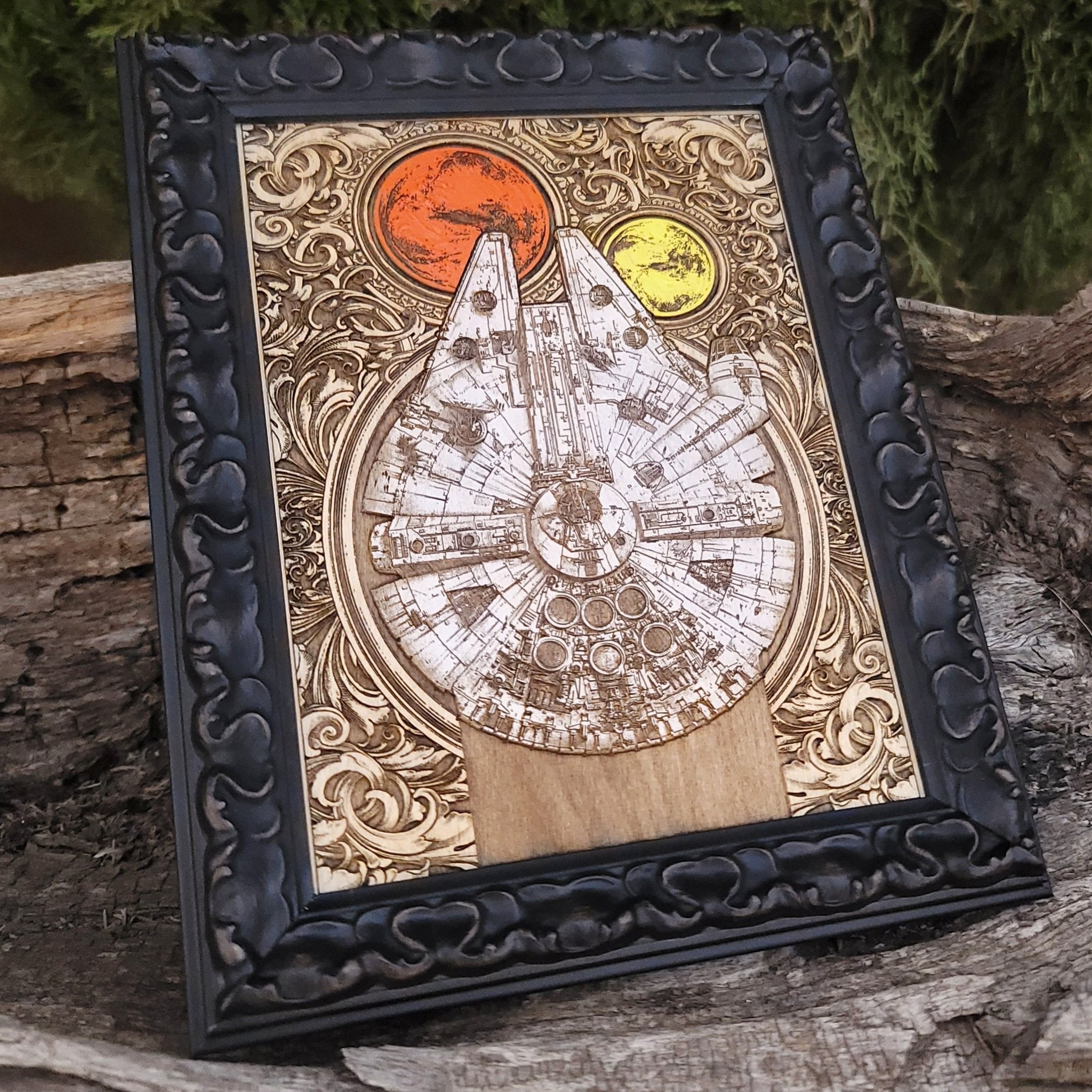 Handmade wooden Millennium Falcon artwork – Sci-fi gift