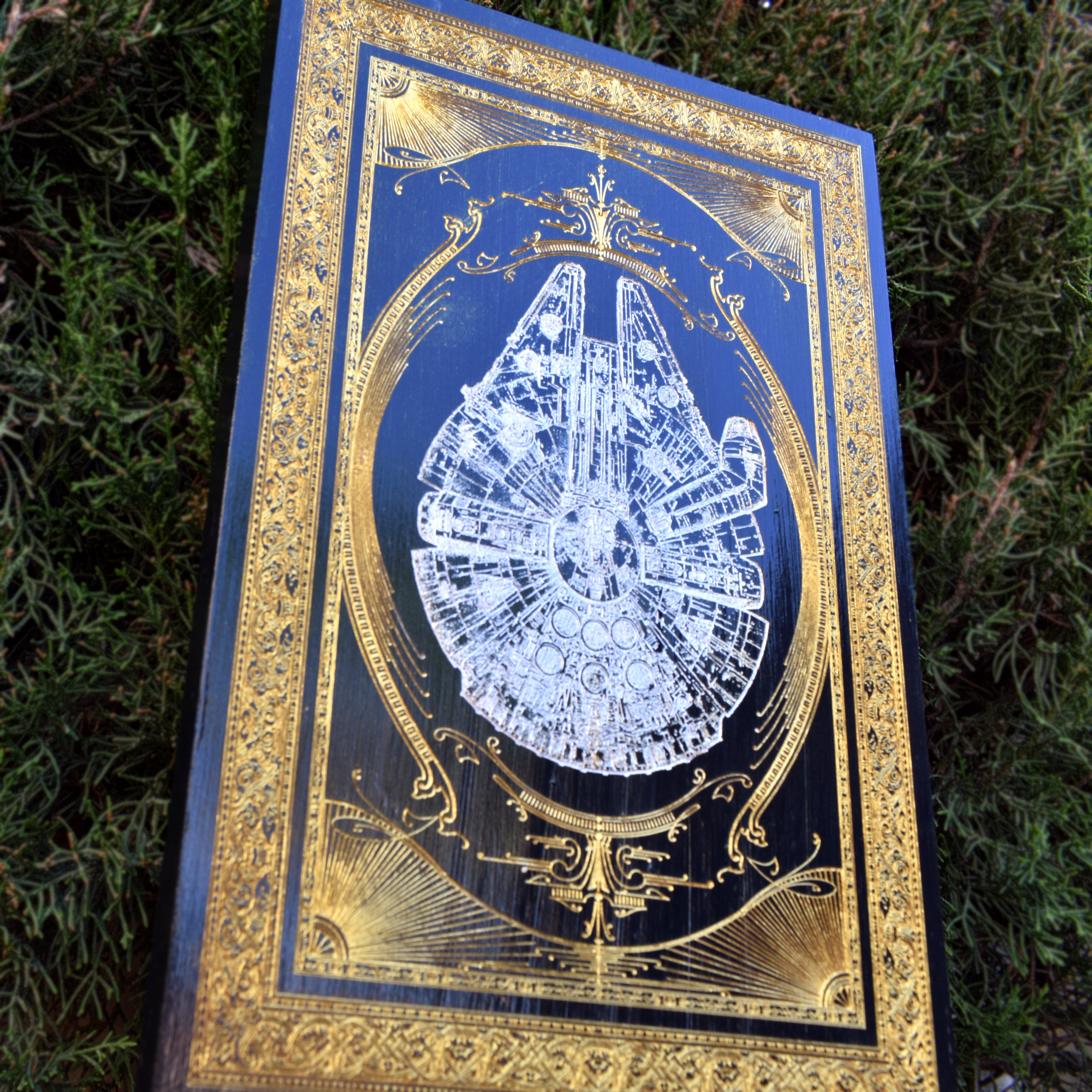 Star Wars-themed spaceship wood art for sci-fi collectors and fans.