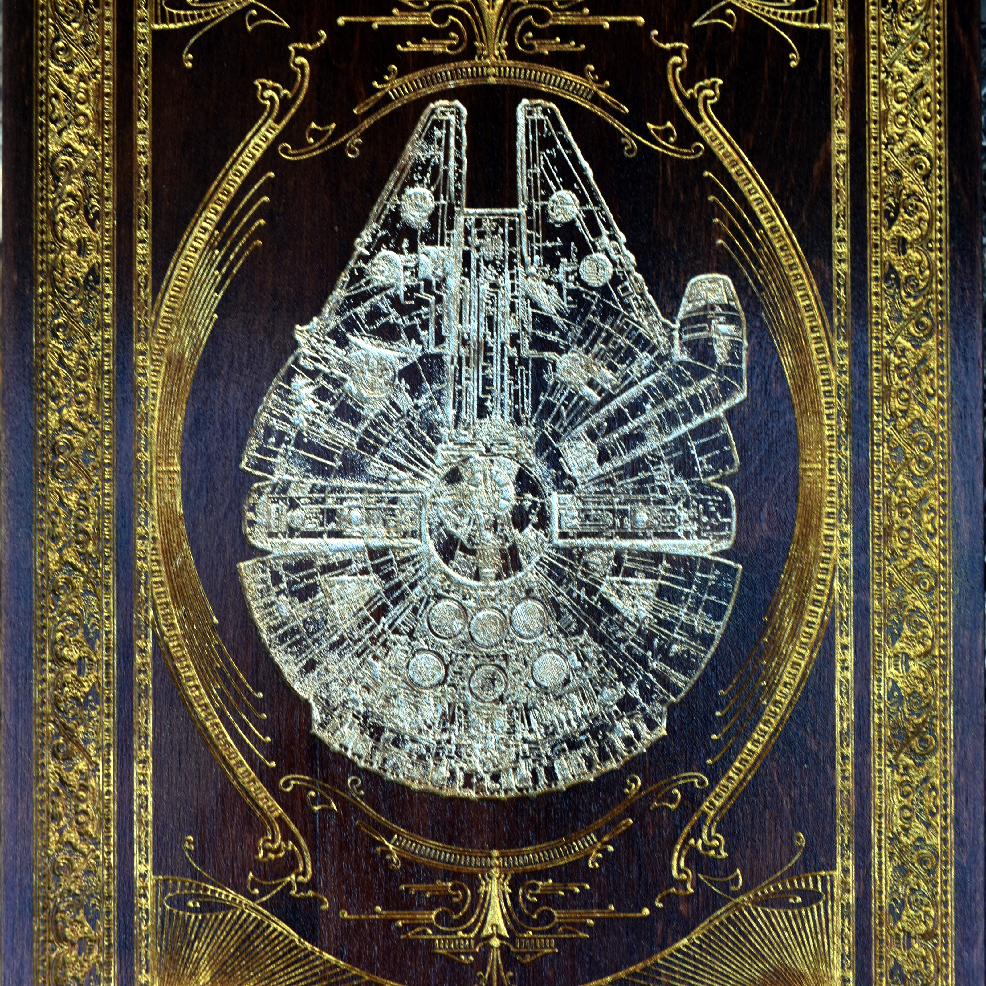 Unique wood wall art of Millennium Falcon spaceship, sci-fi gift idea.