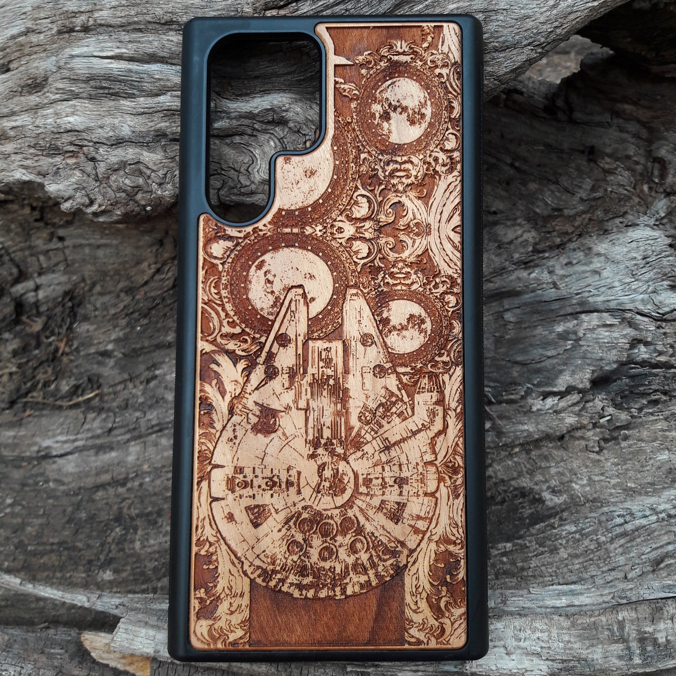 Star Wars wood phone case with Millennium Falcon design, laser-engraved for iPhone , Samsung Galaxy S, and other models, slim and durable.