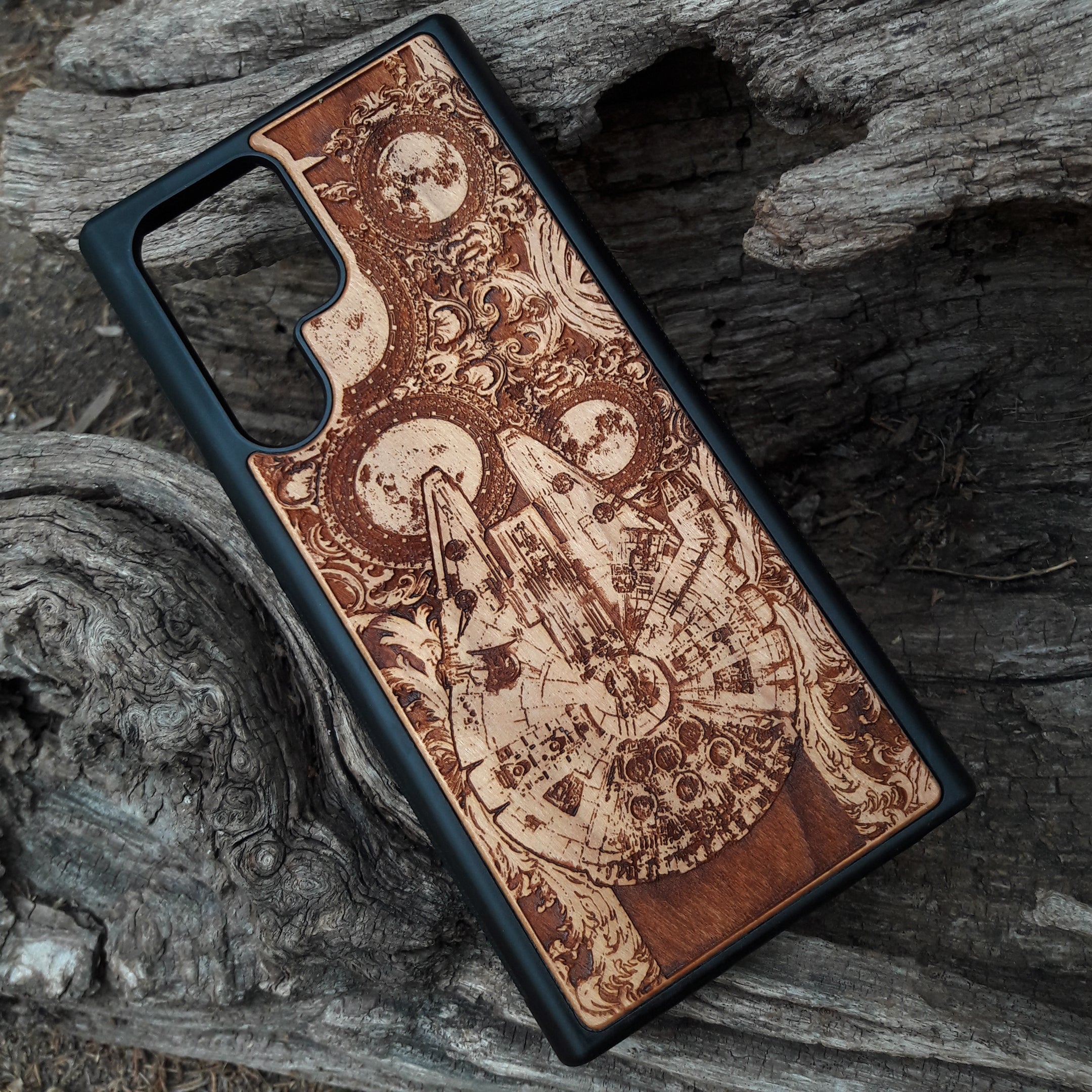 Star Wars wood phone case with Millennium Falcon design, laser-engraved for iPhone , Samsung Galaxy S, and other models, slim and durable.