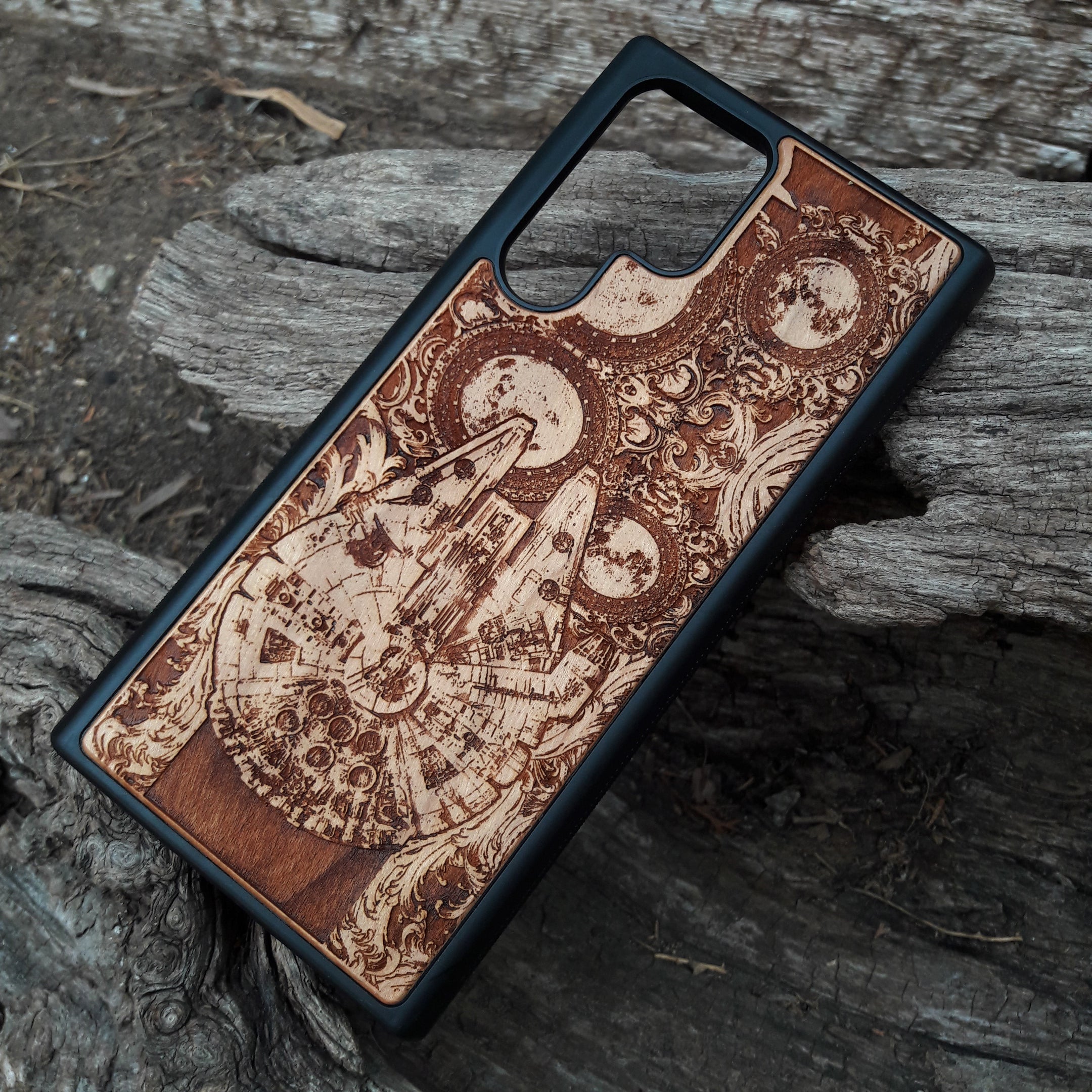 Star Wars wood phone case with Millennium Falcon design, laser-engraved for iPhone , Samsung Galaxy S, and other models, slim and durable.