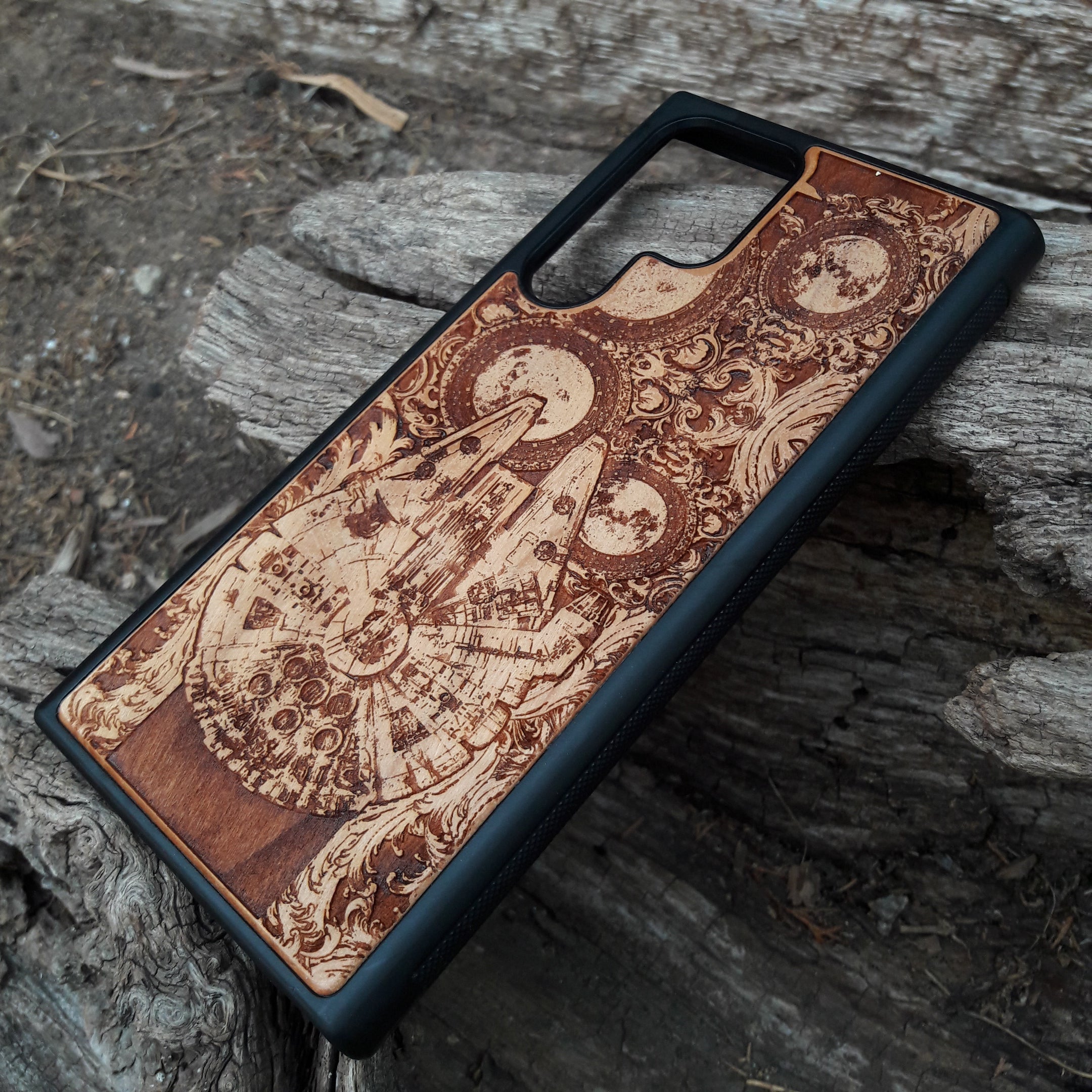 Star Wars wood phone case with Millennium Falcon design, laser-engraved for iPhone , Samsung Galaxy S, and other models, slim and durable.