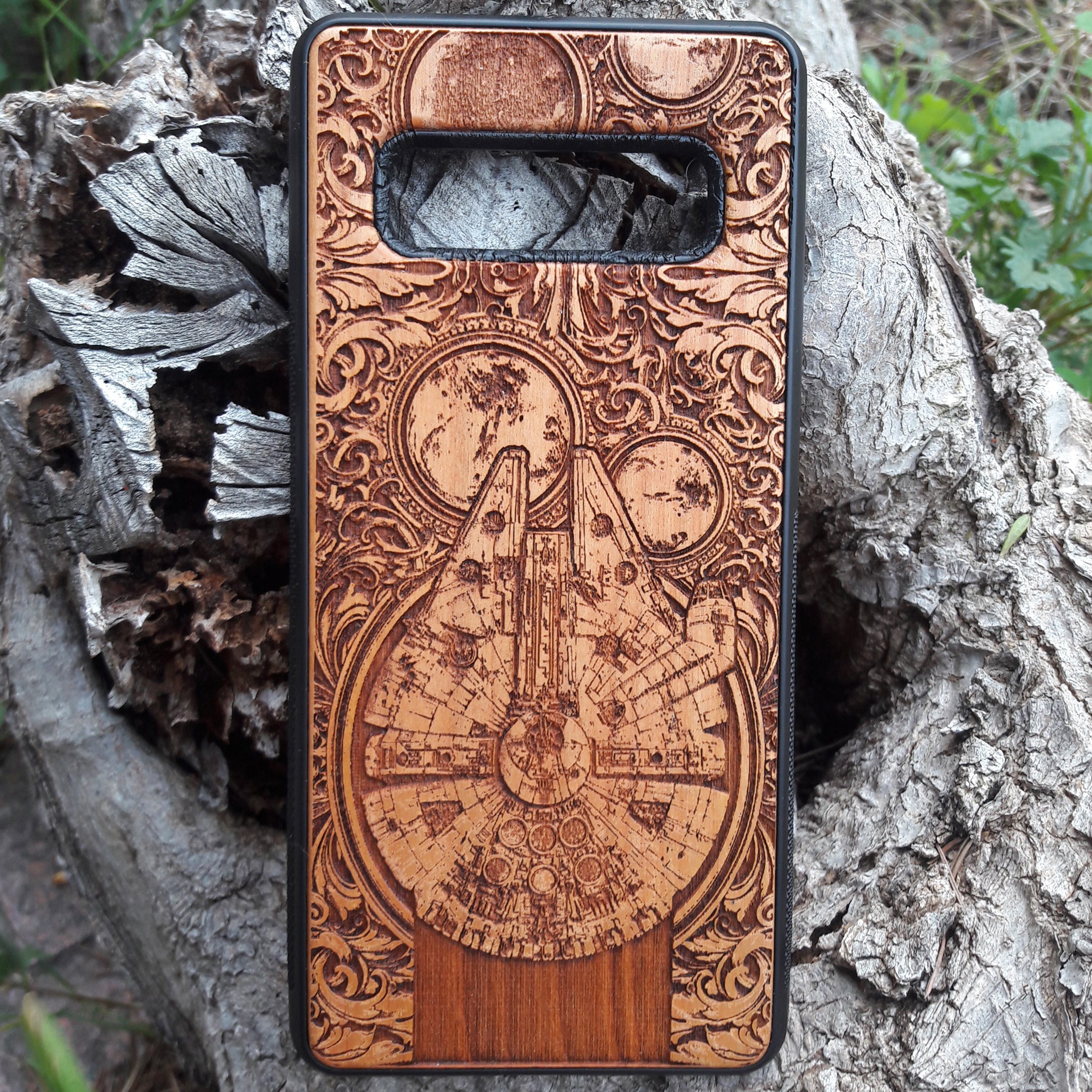 Millennium Falcon wood phone case, laser-engraved & hand-painted design
