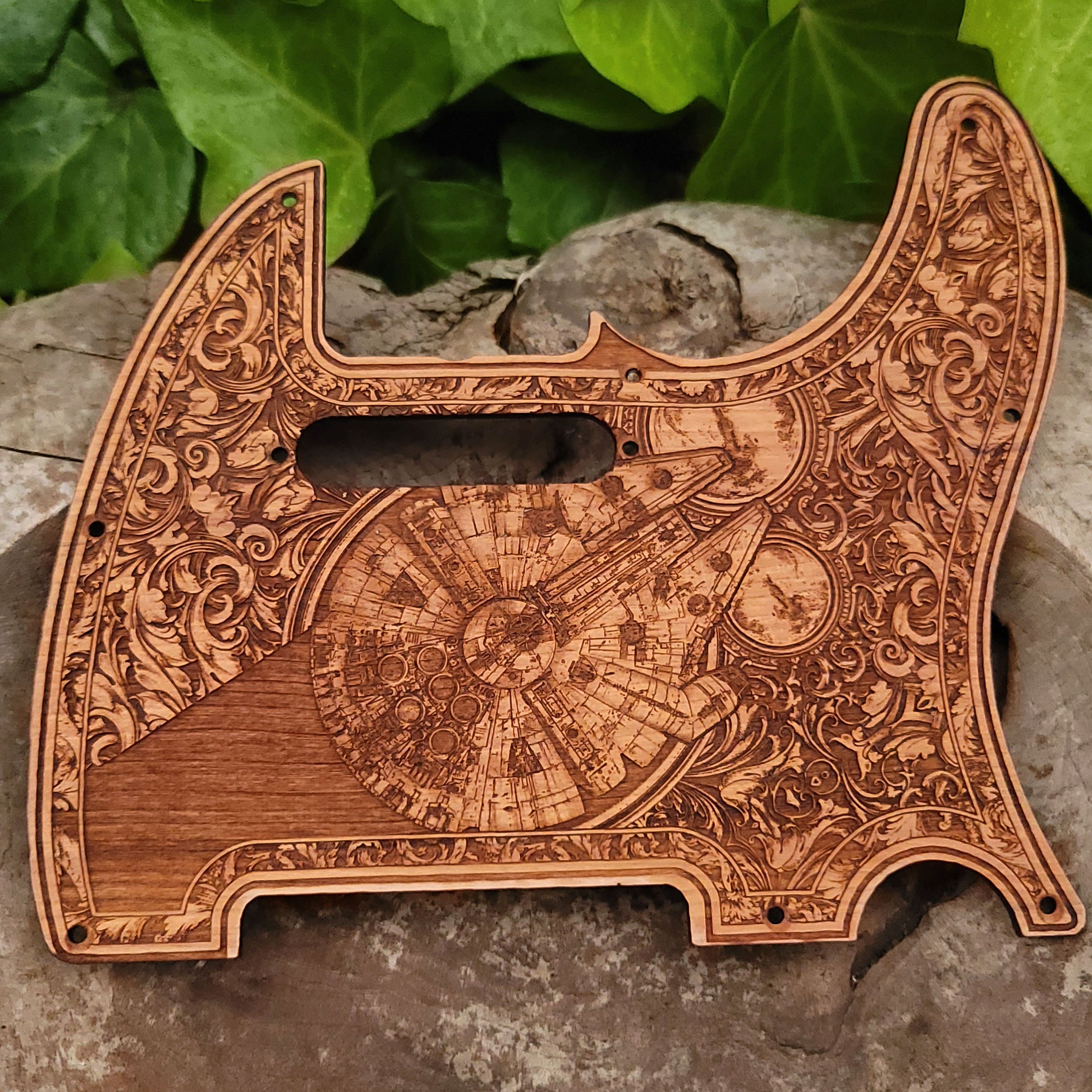 Wooden telecaster guitar pickguard with laser engraved millennium falcon design