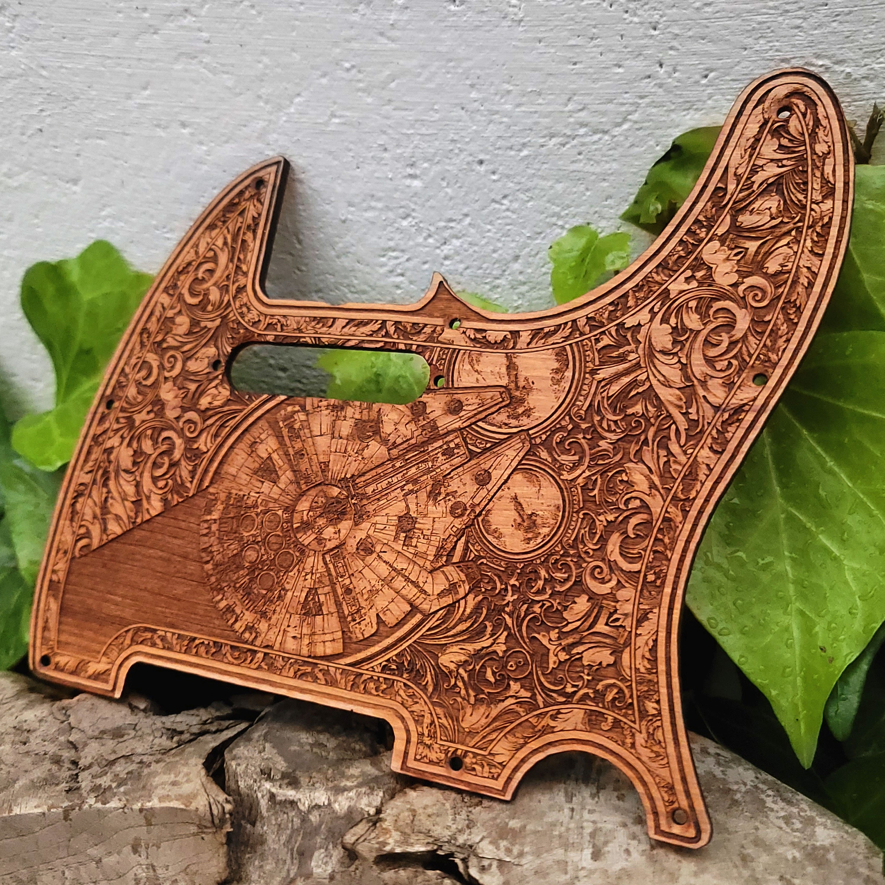 Wooden telecaster guitar pickguard with laser engraved millennium falcon design
