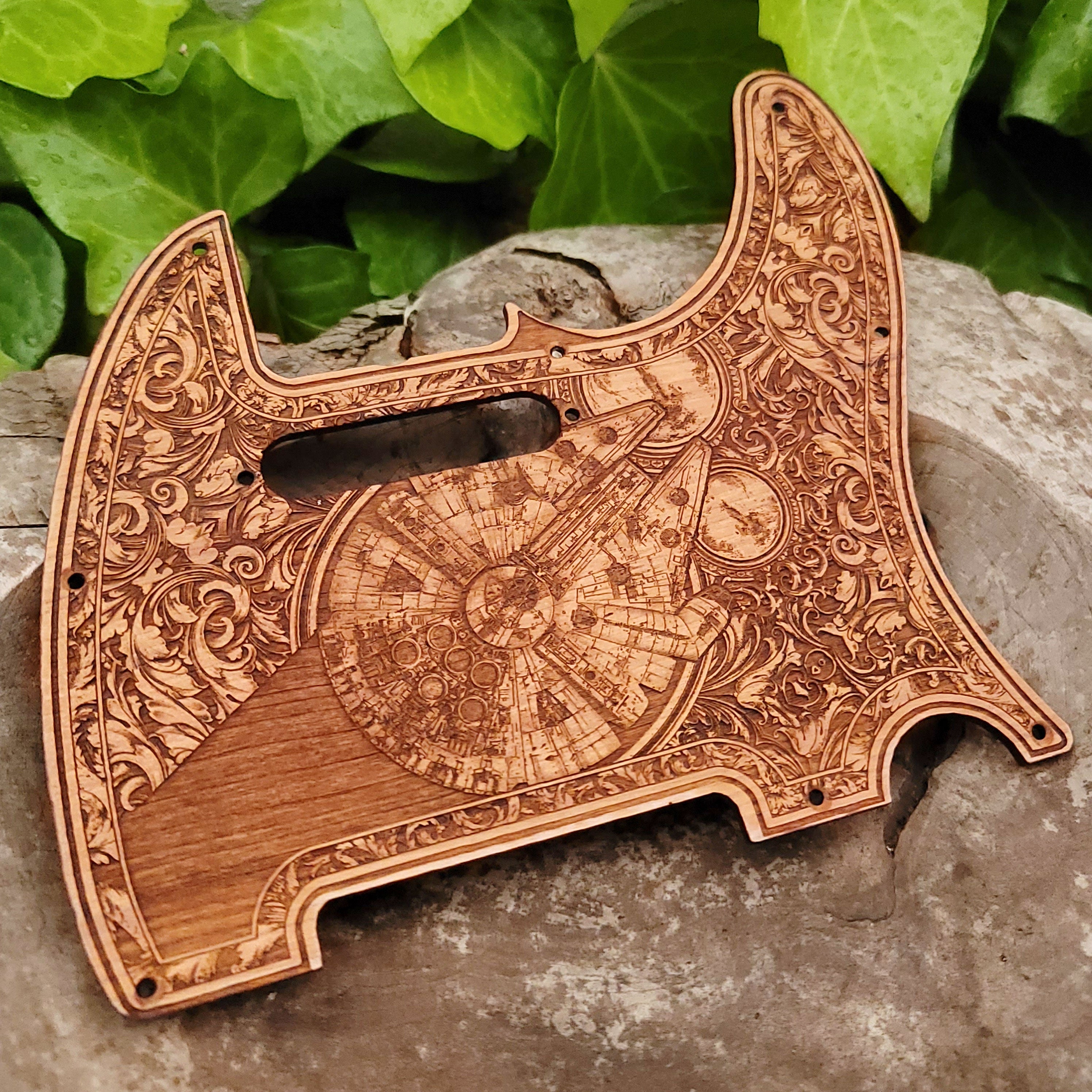 Wooden telecaster guitar pickguard with laser engraved millennium falcon design
