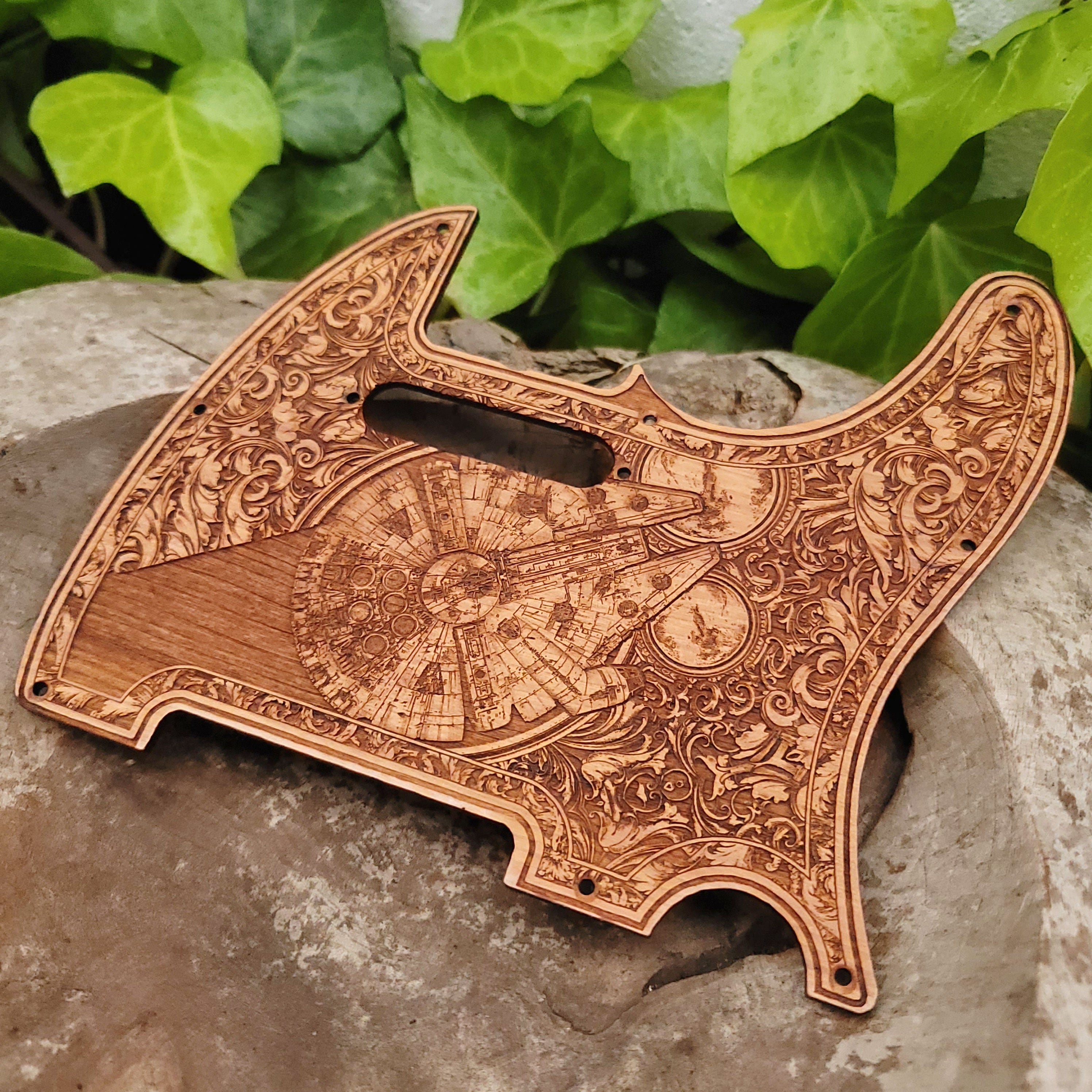 Wooden telecaster guitar pickguard with laser engraved millennium falcon design