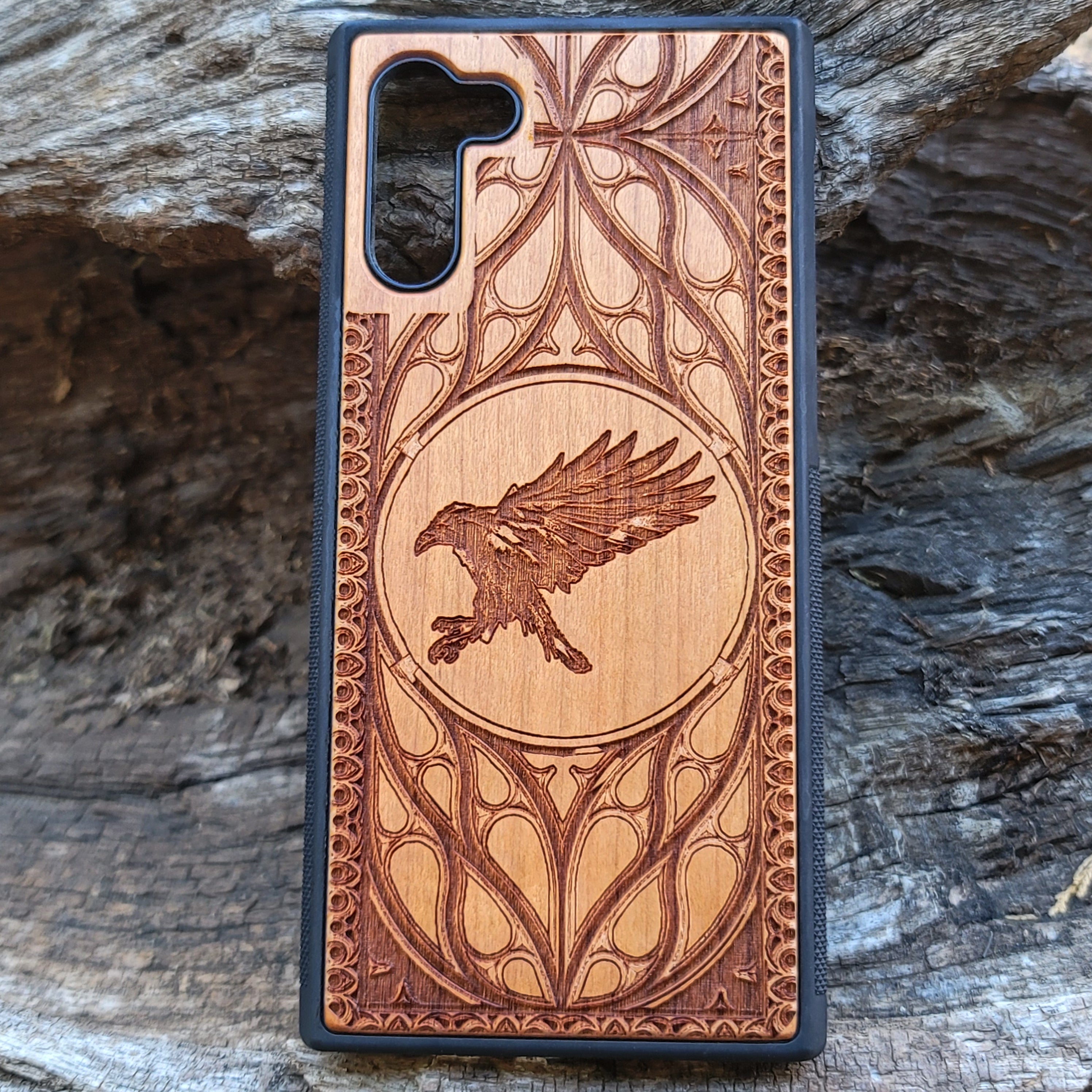 Wood Phone Case featuring a Moon and Raven design, laser-engraved for a unique and mystical look. Compatible with iPhone , iPhone 15, 14, 13, 12, 11 Pro Max Mini, and Samsung Galaxy S, S24, S23, S22, S21, S20 Ultra Plus Note 20. Slim, durable, and protective—order now for a personalized touch!