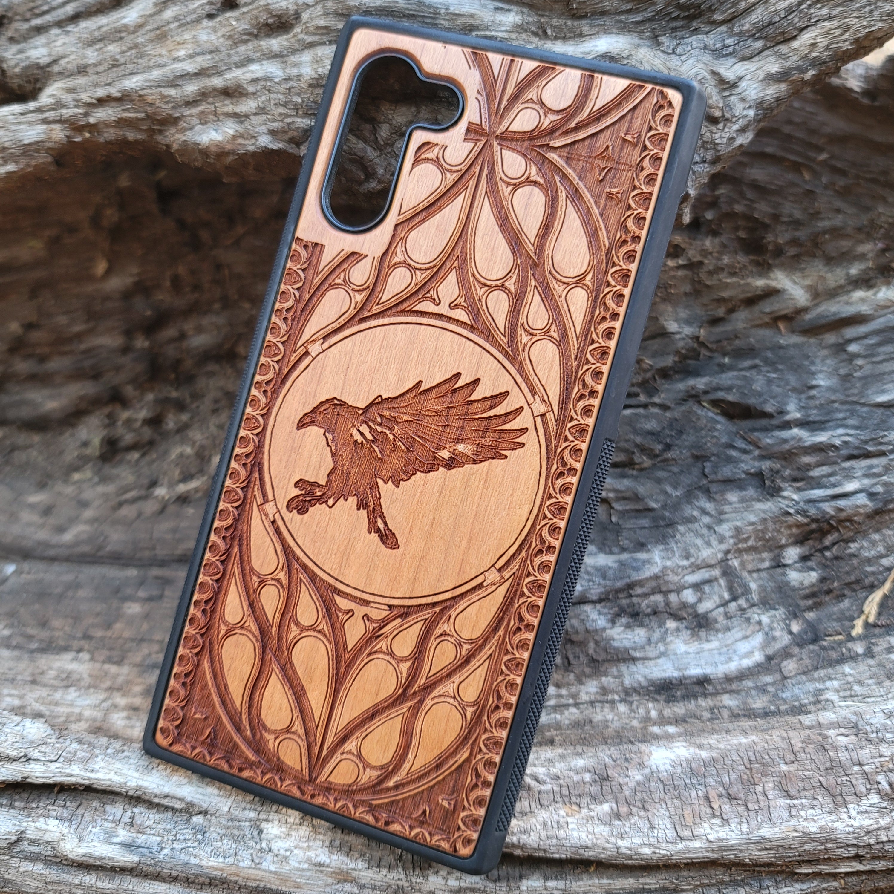 Wood Phone Case featuring a Moon and Raven design, laser-engraved for a unique and mystical look. Compatible with iPhone , iPhone 15, 14, 13, 12, 11 Pro Max Mini, and Samsung Galaxy S, S24, S23, S22, S21, S20 Ultra Plus Note 20. Slim, durable, and protective—order now for a personalized touch!