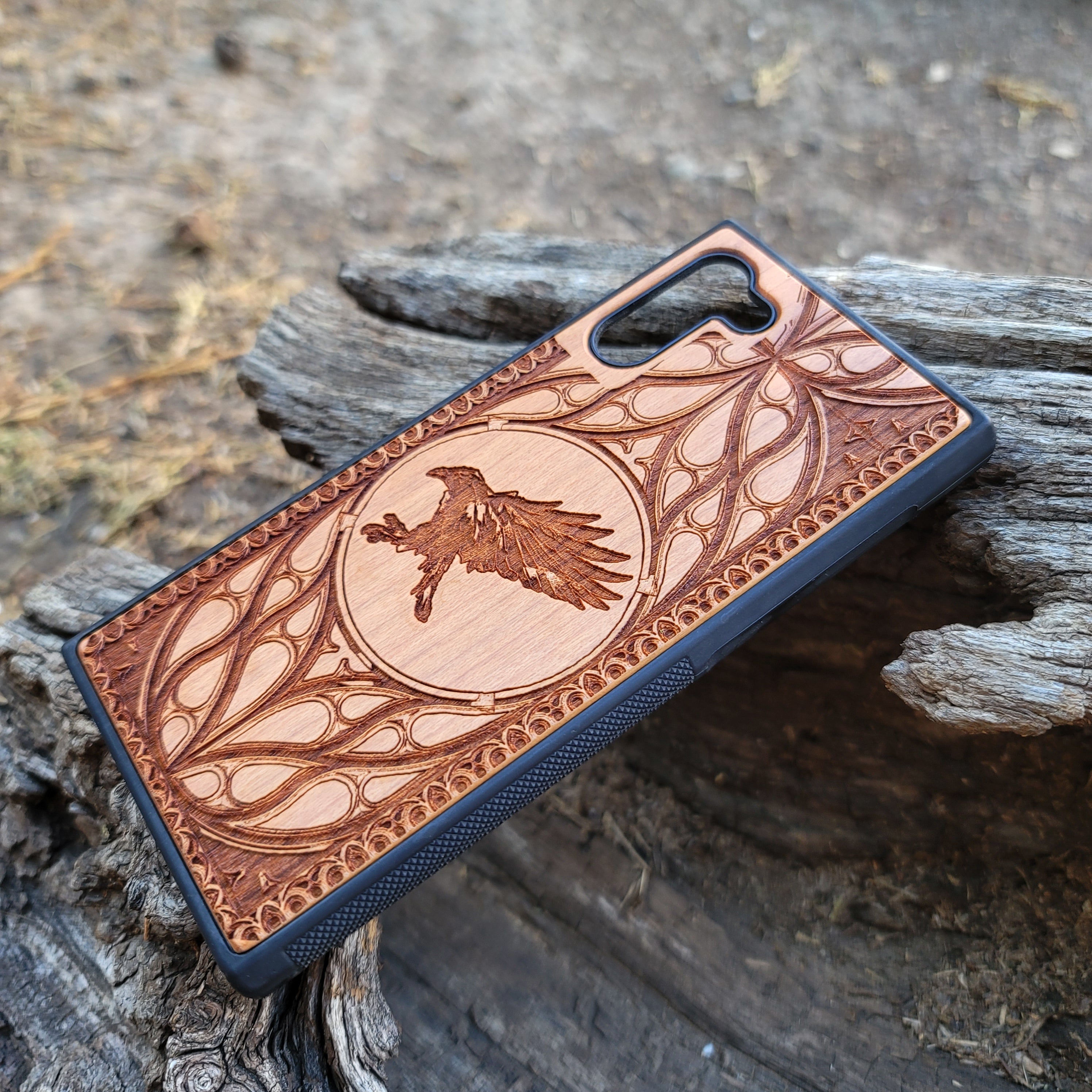 Wood Phone Case featuring a Moon and Raven design, laser-engraved for a unique and mystical look. Compatible with iPhone , iPhone 15, 14, 13, 12, 11 Pro Max Mini, and Samsung Galaxy S, S24, S23, S22, S21, S20 Ultra Plus Note 20. Slim, durable, and protective—order now for a personalized touch!