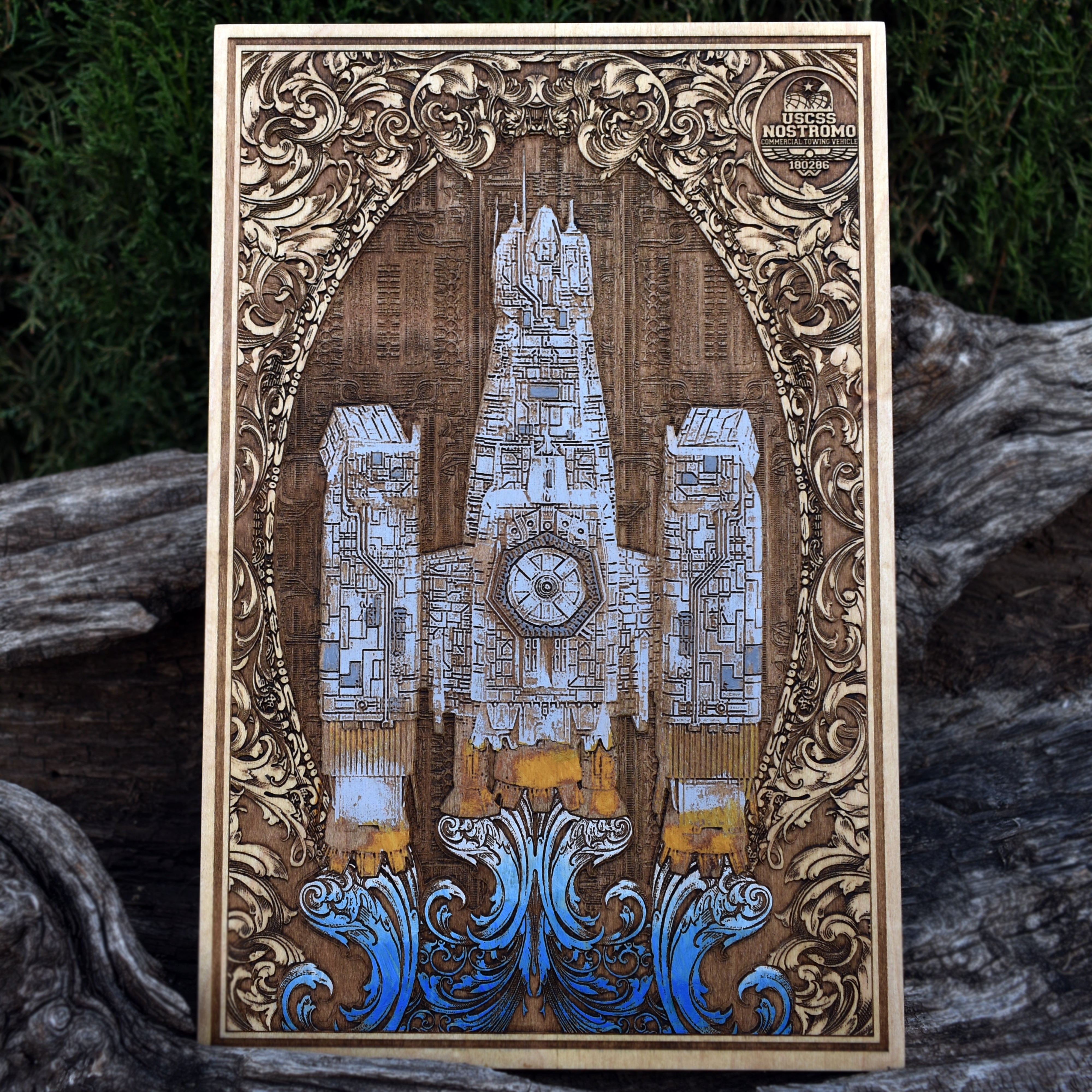 Engraved Nostromo spaceship from Alien movie, sci-fi wood wall art.