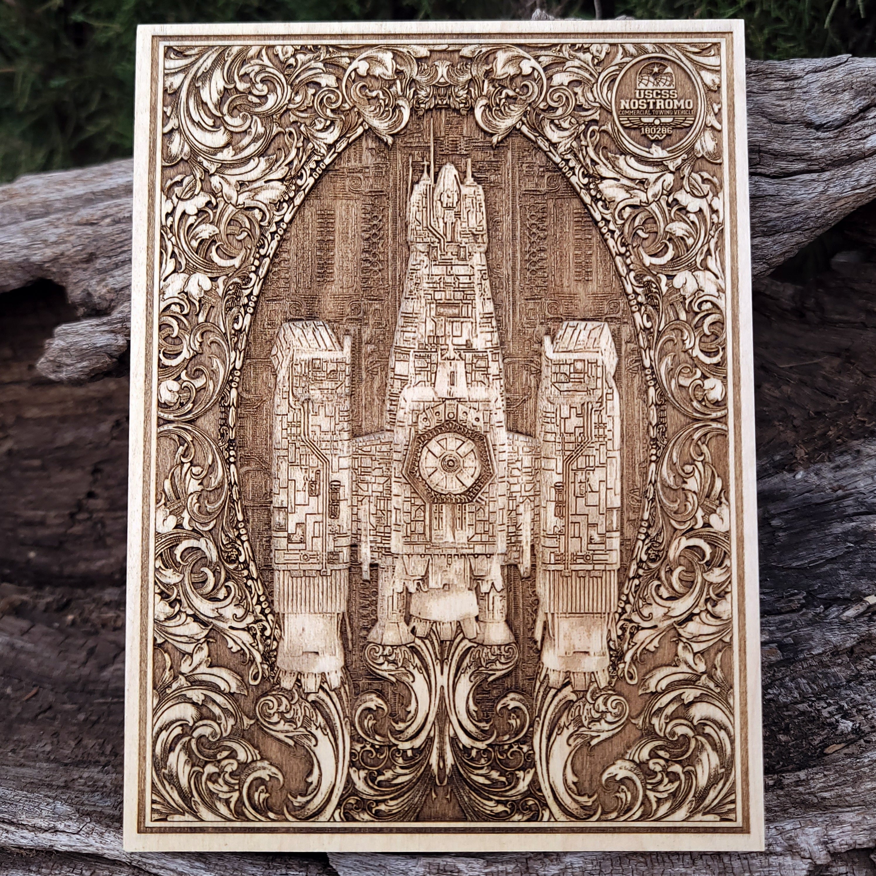 Engraved Nostromo ship wood wall art from Alien – perfect for sci-fi lovers & collectors.