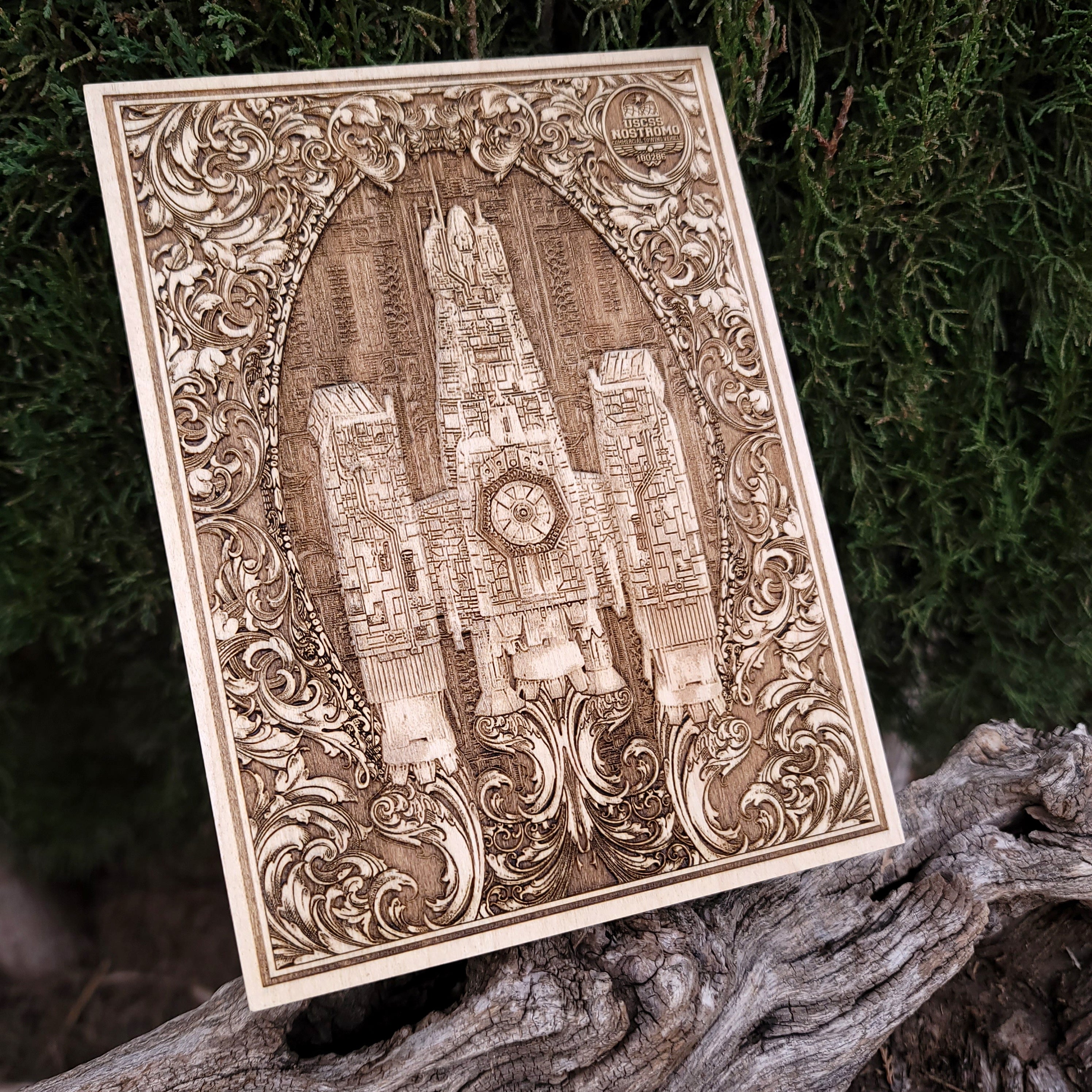 Unique Nostromo ship wall decor – handcrafted Alien-inspired wooden engraving.