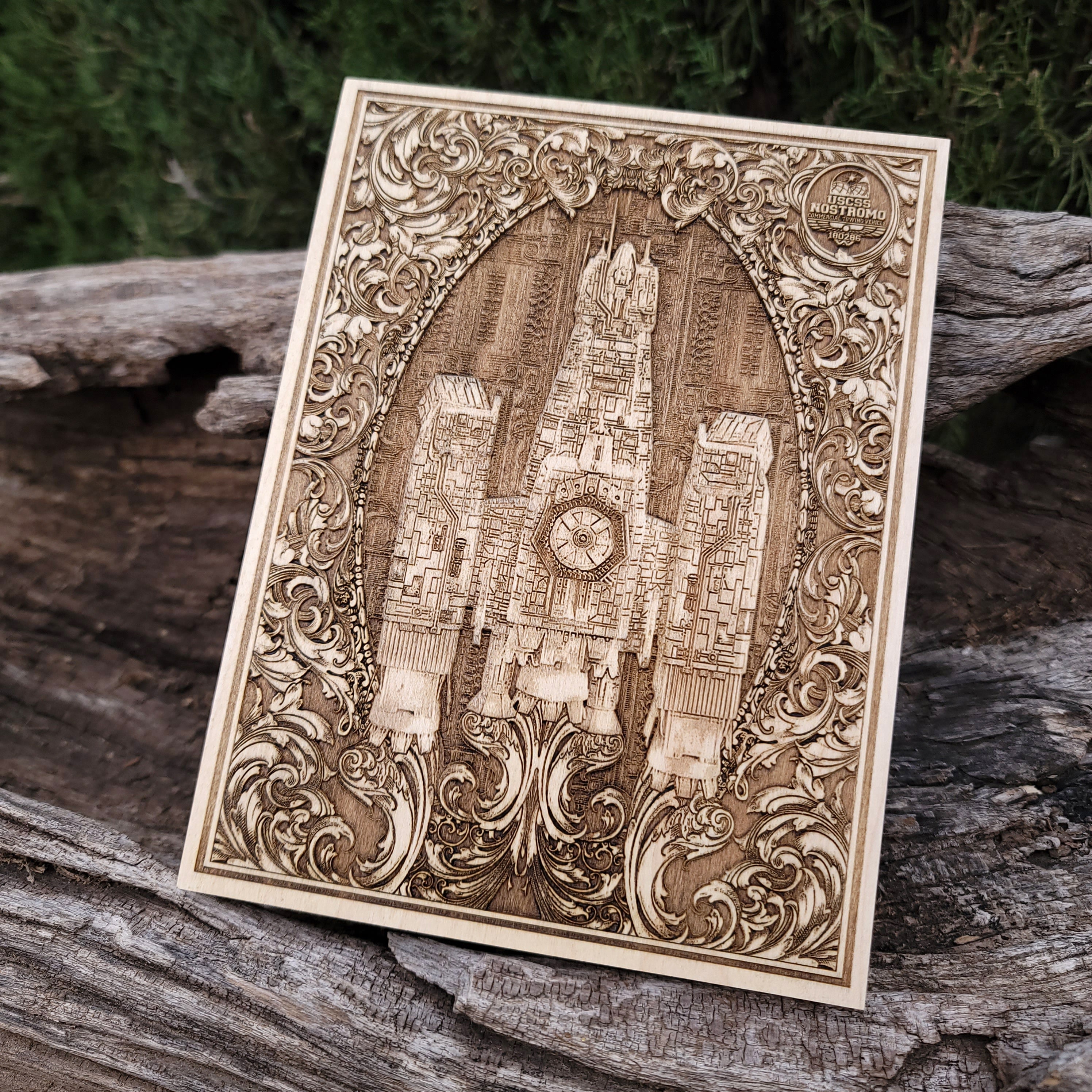 Sci-fi wooden wall art – Alien Nostromo ship engraving for collectors & movie lovers.