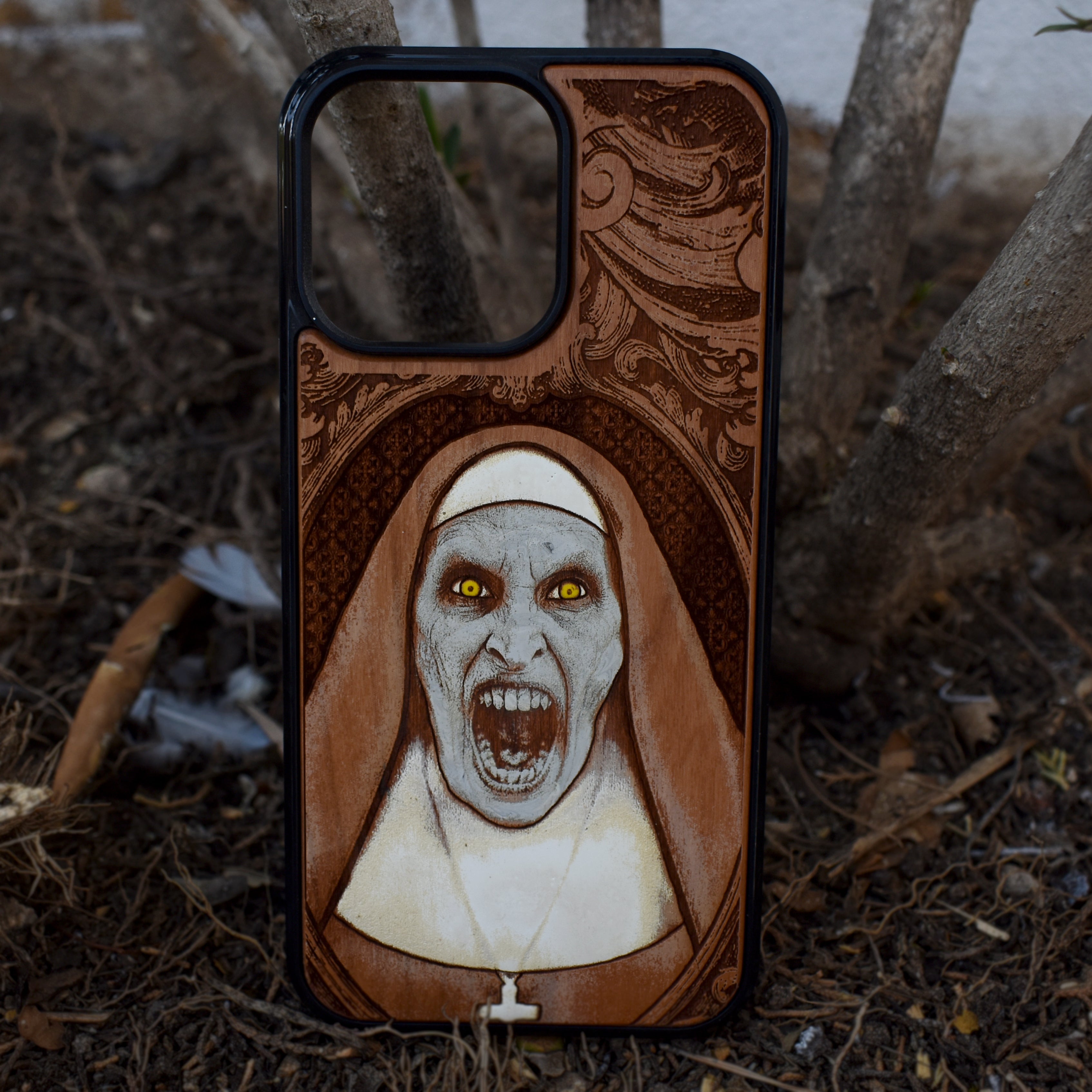 Hand-painted gothic vampire nun wood phone case with horror art for iPhone 16–11 and Samsung Galaxy S25–S20